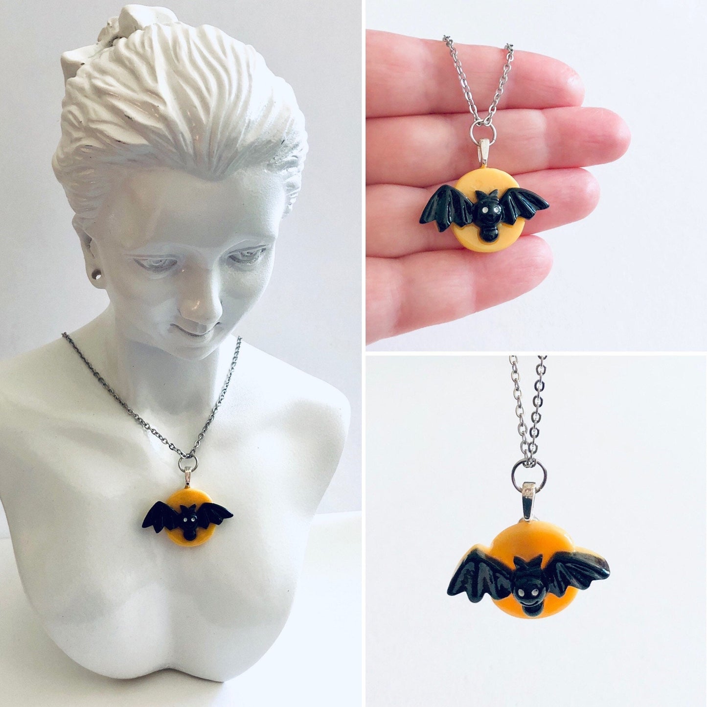 Yellow Moon Bat Necklace, Vampire Necklace, Stainless Steel Chain, Resin Halloween Necklace