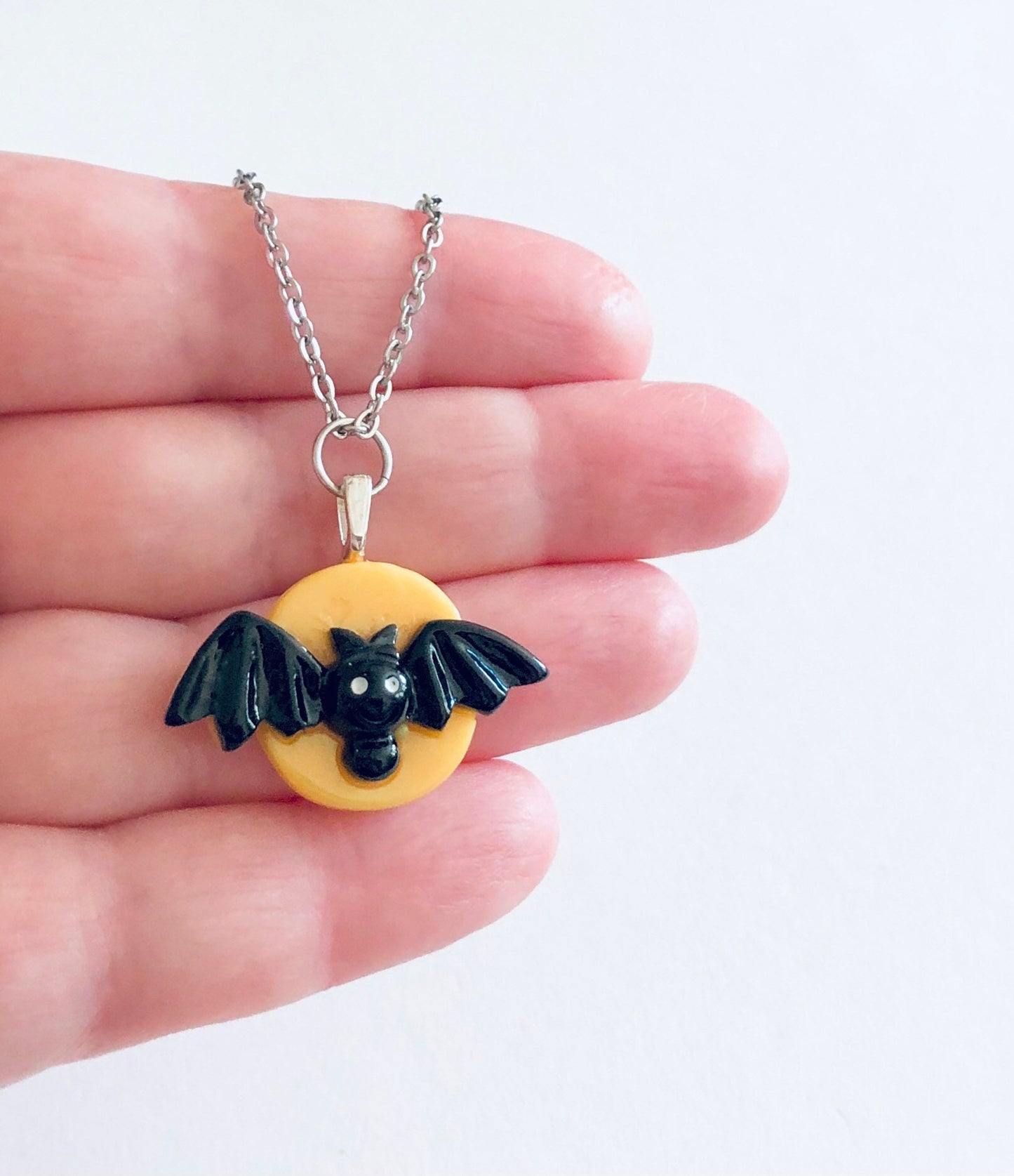 Yellow Moon Bat Necklace, Vampire Necklace, Stainless Steel Chain, Resin Halloween Necklace