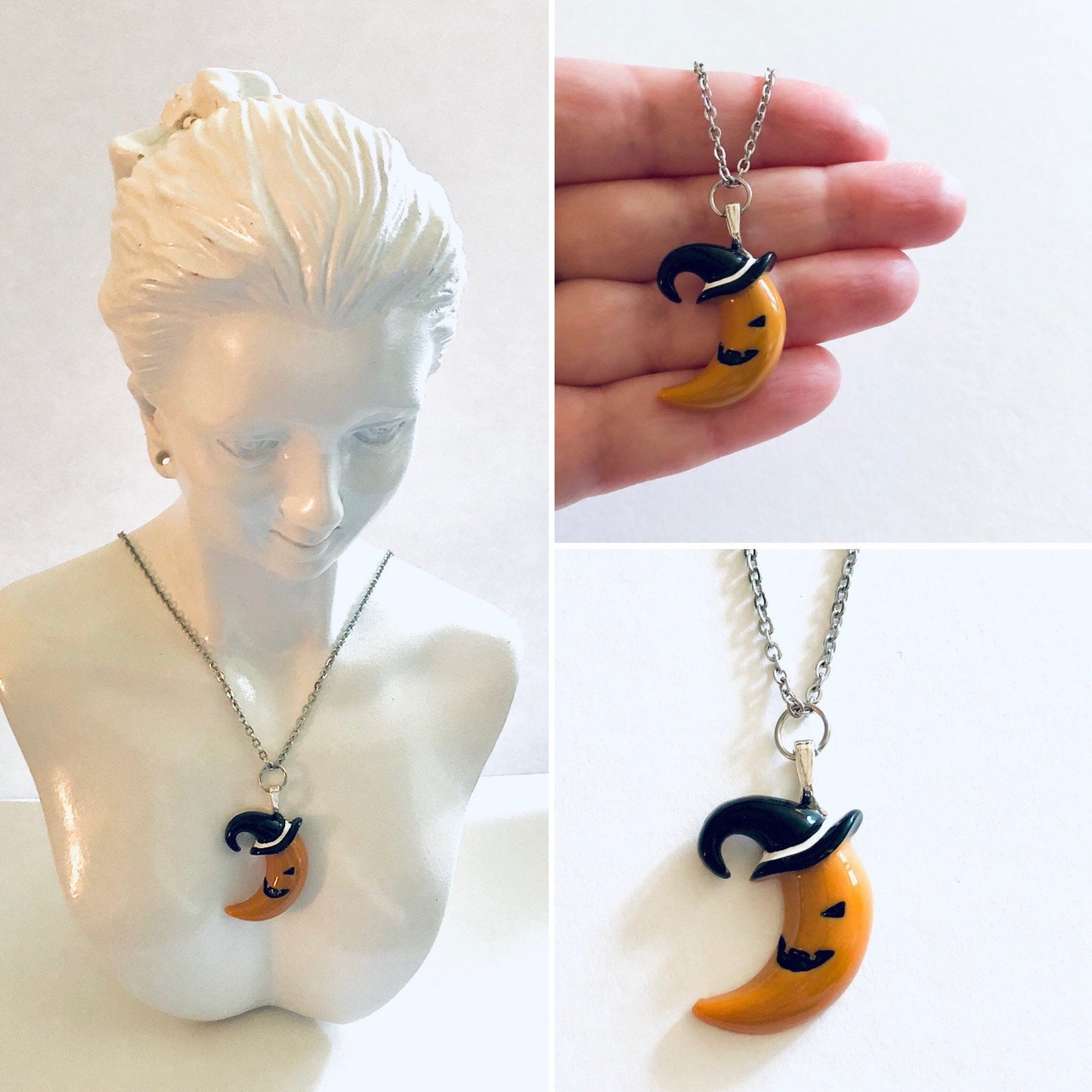 Pumpkin Crescent Moon Necklace, with Witch Hat on, Resin Charm, Stainless Steel Chain, Halloween Necklace Witchy Woman