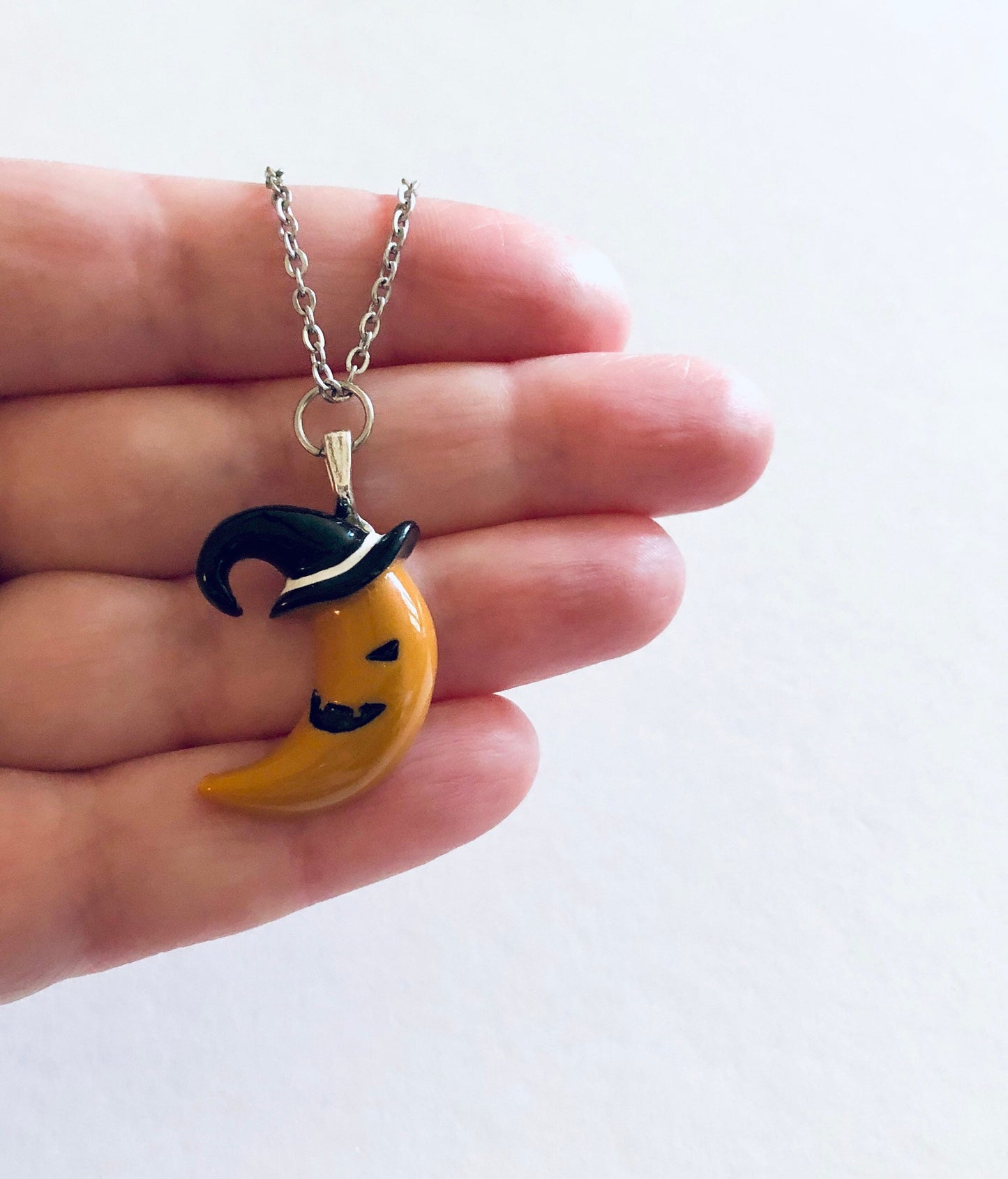 Pumpkin Crescent Moon Necklace, with Witch Hat on, Resin Charm, Stainless Steel Chain, Halloween Necklace Witchy Woman