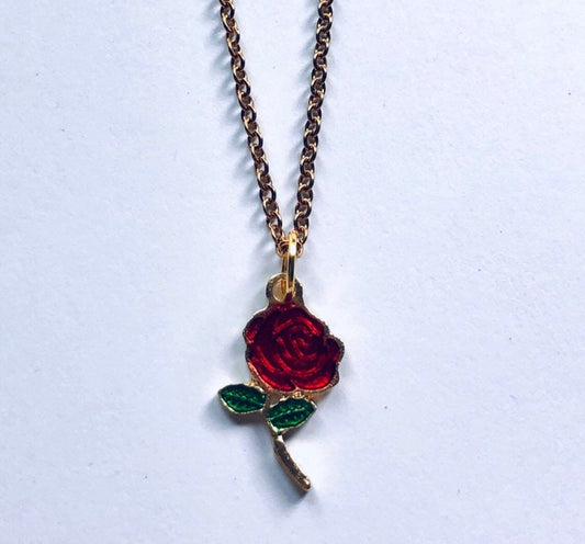 Rose Necklace, Gold Red Rose Flower On Dainty Gold Plated Chain, Cottage Core Chic, Fairycore, Flower Garden Princess Fairytale