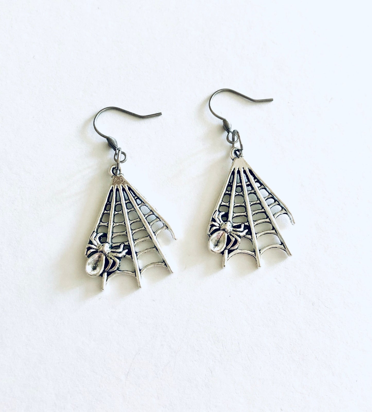 Silver Spider Web Earrings with Spider, Spooky Season Witchy Woman Earrings, Halloween Costume