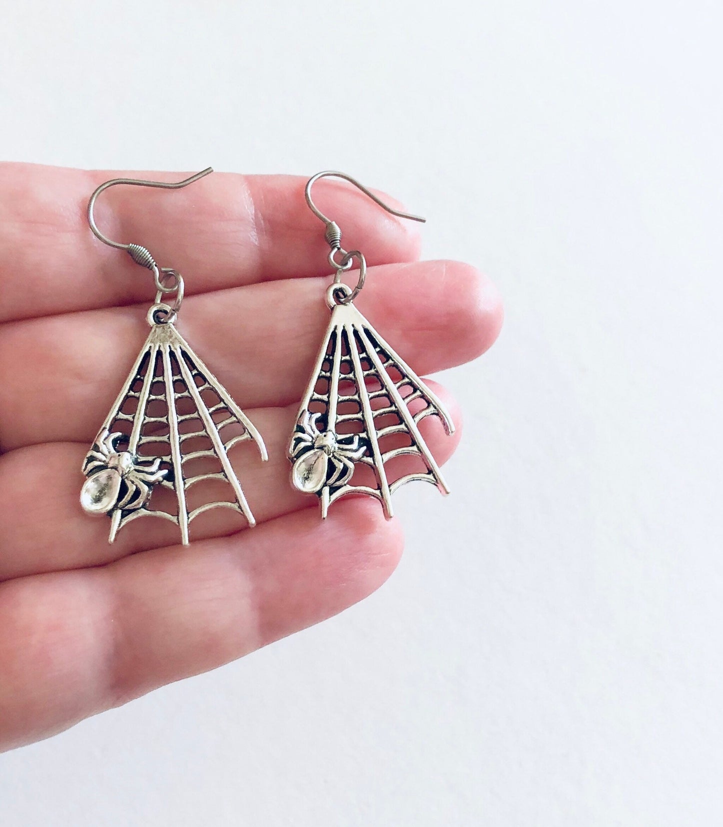 Silver Spider Web Earrings with Spider, Spooky Season Witchy Woman Earrings, Halloween Costume