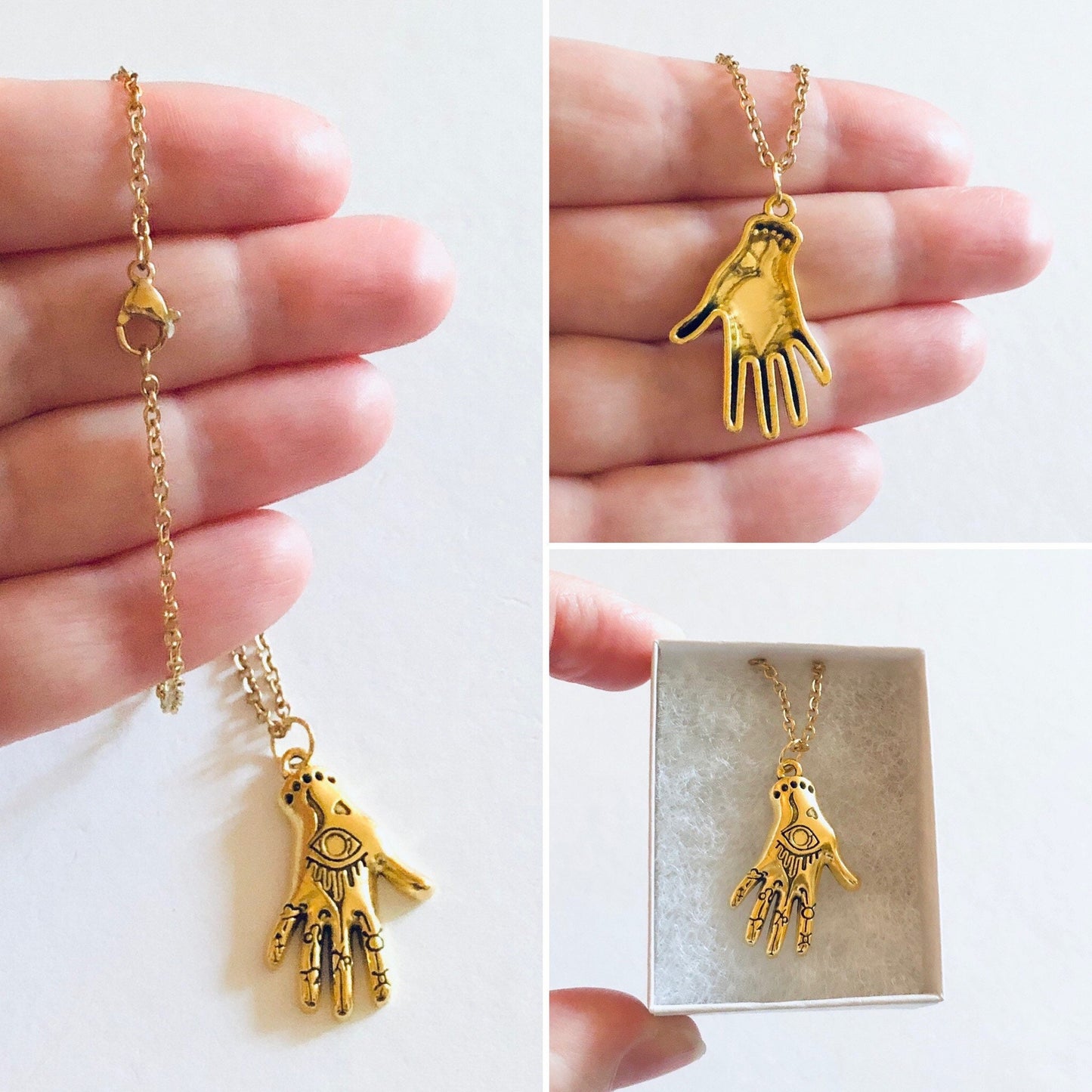 Hand Necklace, Gold Palmistry Necklace, Divination Dainty Gold Plated Chain, Wicca Witchy Woman