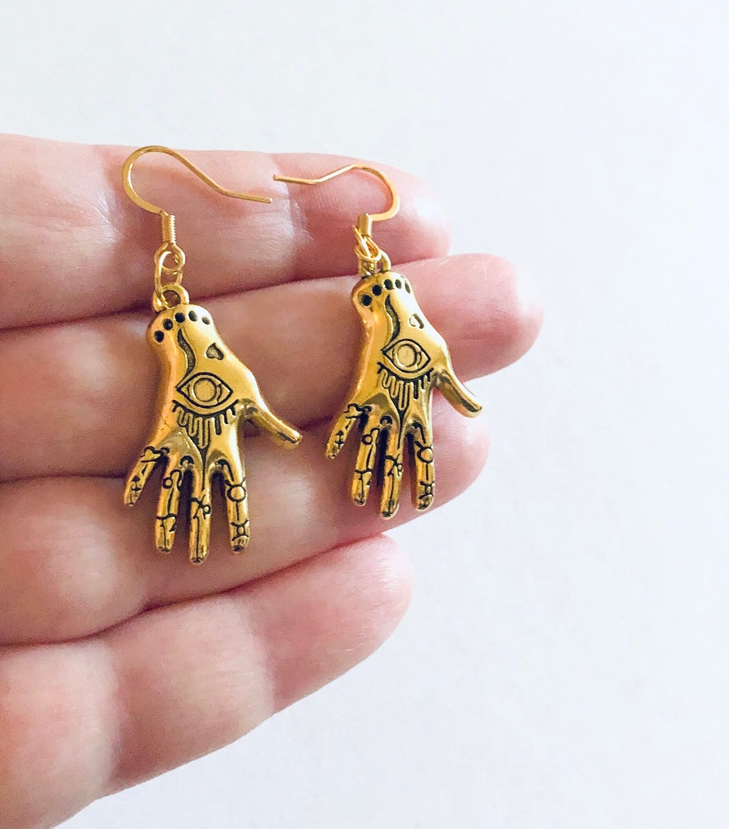 Evil Eye Gold Palmistry Hand Earrings, Witchy Woman Gold Plated Ear Hooks, Divination Occult Esoteric Witch Pagan