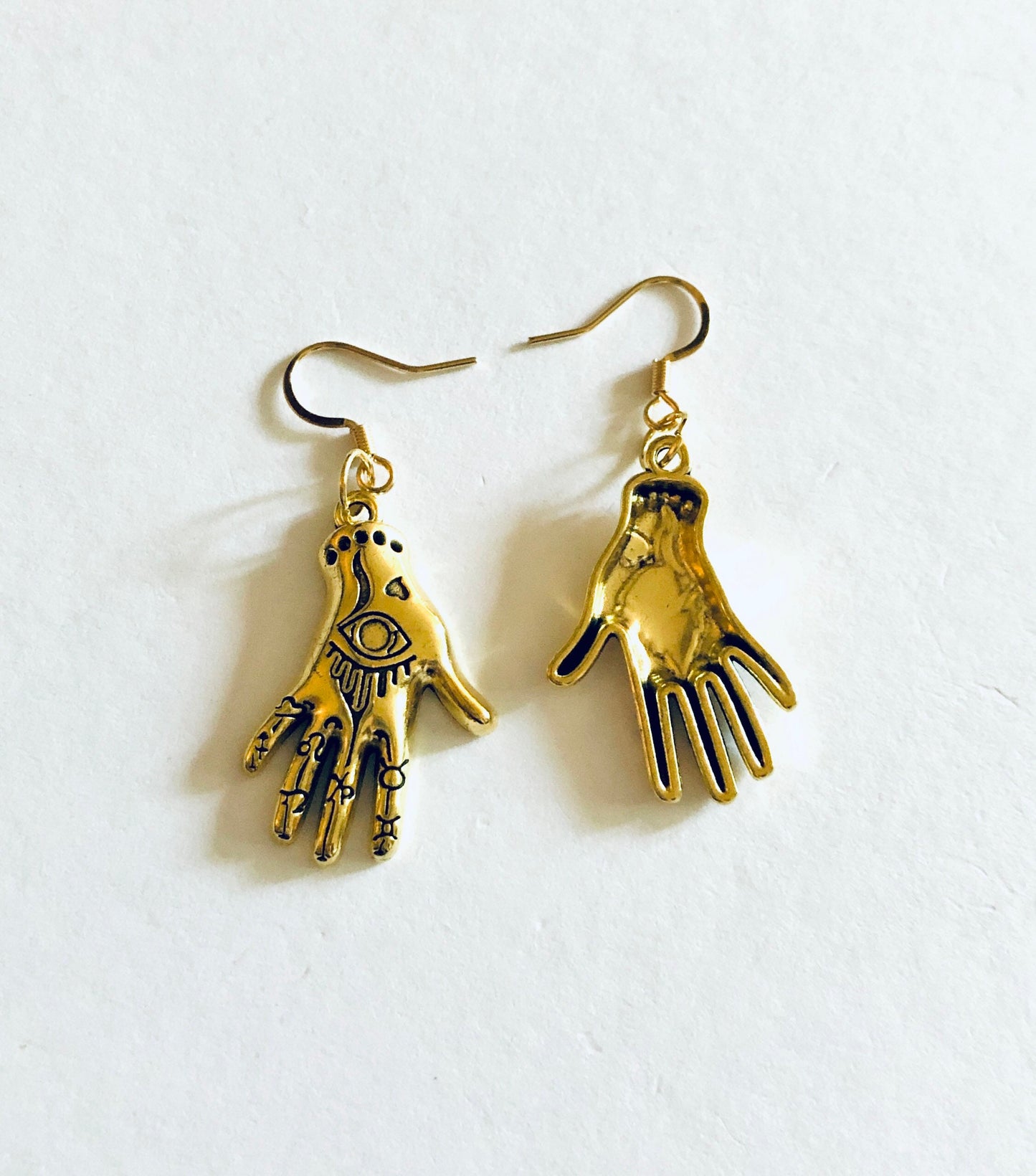 Evil Eye Gold Palmistry Hand Earrings, Witchy Woman Gold Plated Ear Hooks, Divination Occult Esoteric Witch Pagan