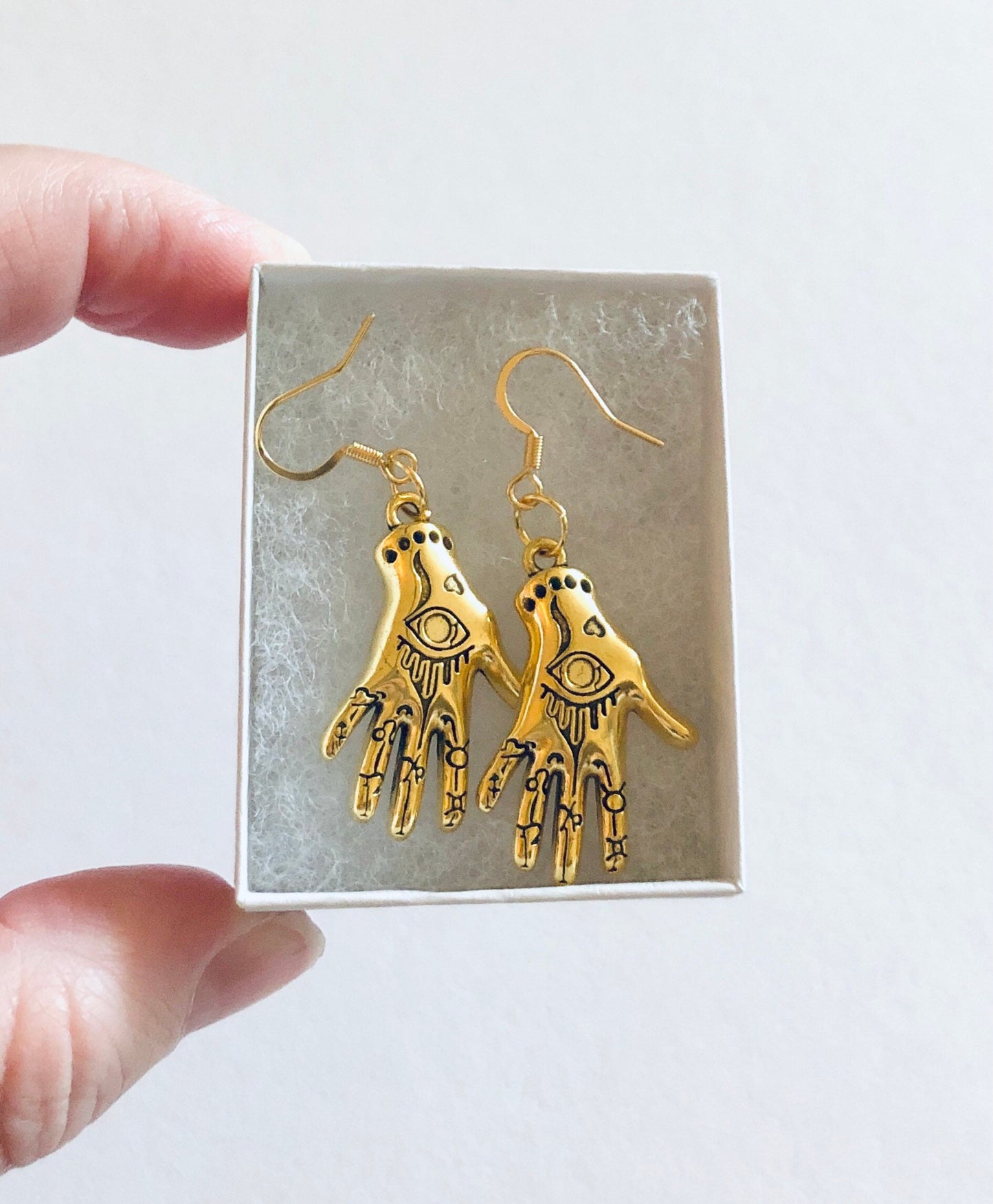 Evil Eye Gold Palmistry Hand Earrings, Witchy Woman Gold Plated Ear Hooks, Divination Occult Esoteric Witch Pagan