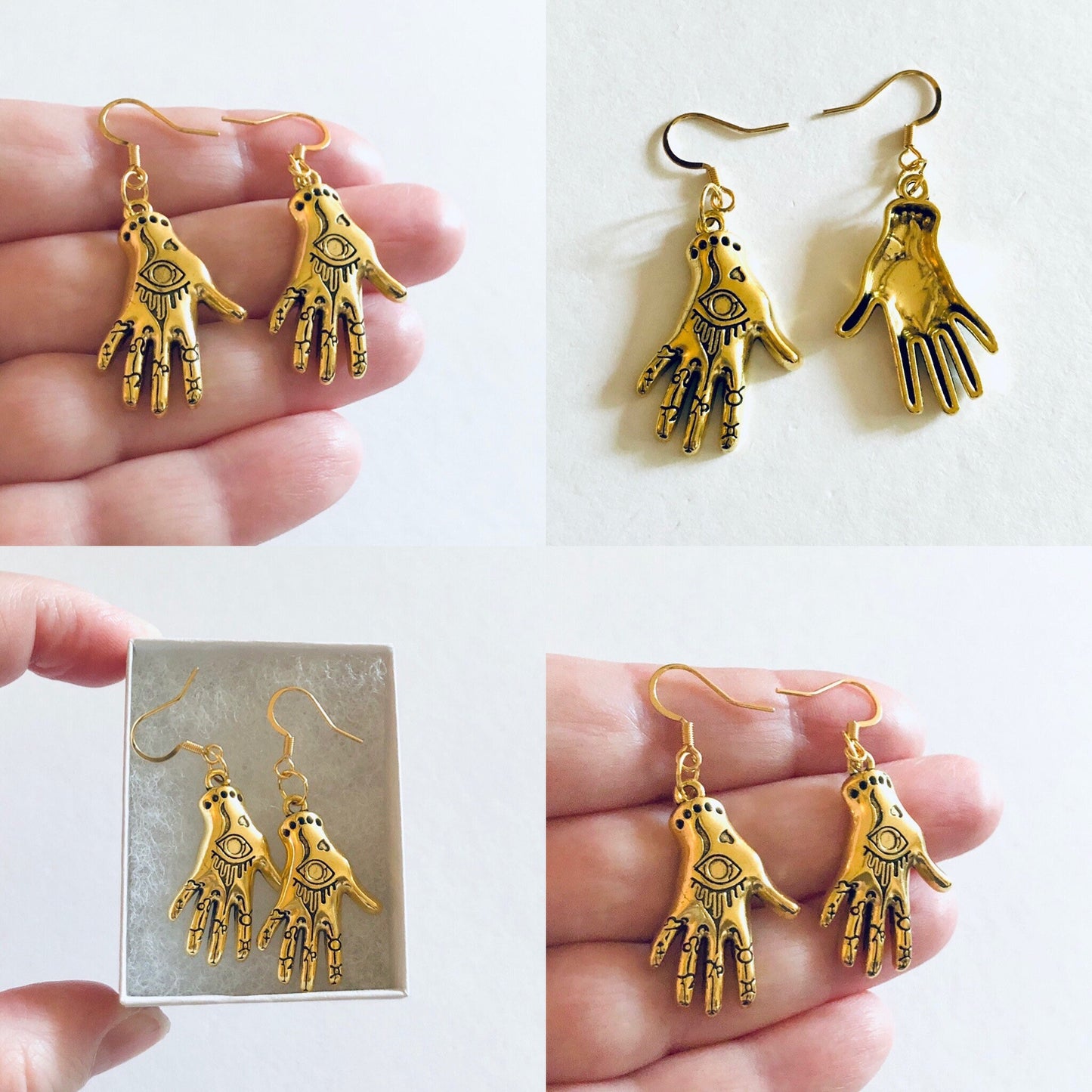 Evil Eye Gold Palmistry Hand Earrings, Witchy Woman Gold Plated Ear Hooks, Divination Occult Esoteric Witch Pagan