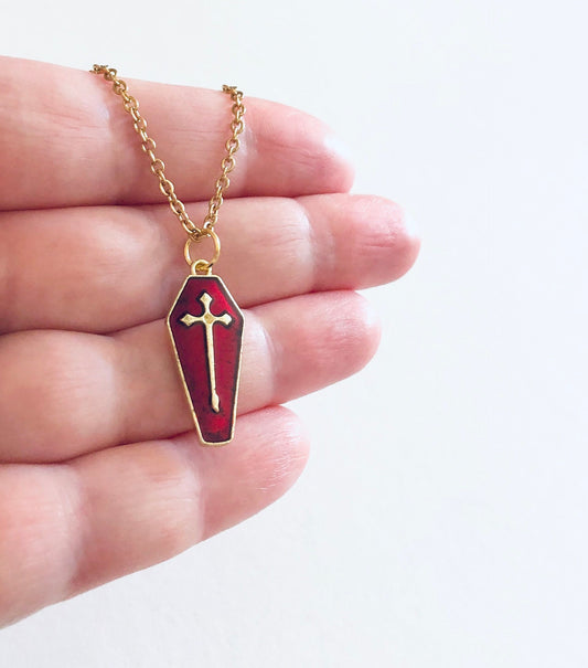 Dark Red Coffin Necklace, Victorian Gothic Girl, Vampire Coffin Gold Plated Chain, Mall Goth Aesthetic