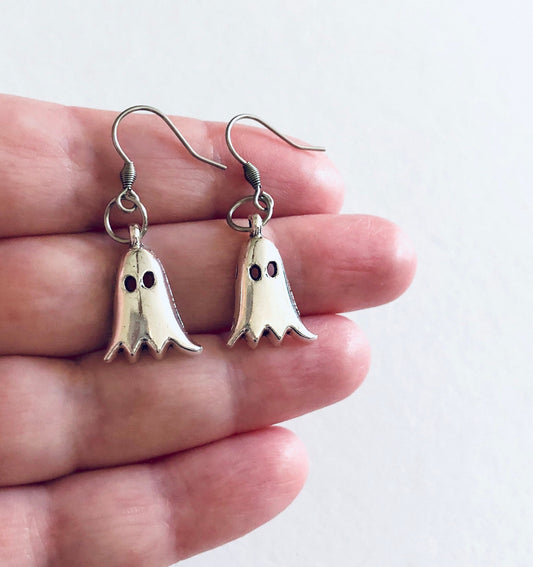 Little Silver Ghost Earrings, Cute Spooky Haunting Ghoul Halloween Earrings