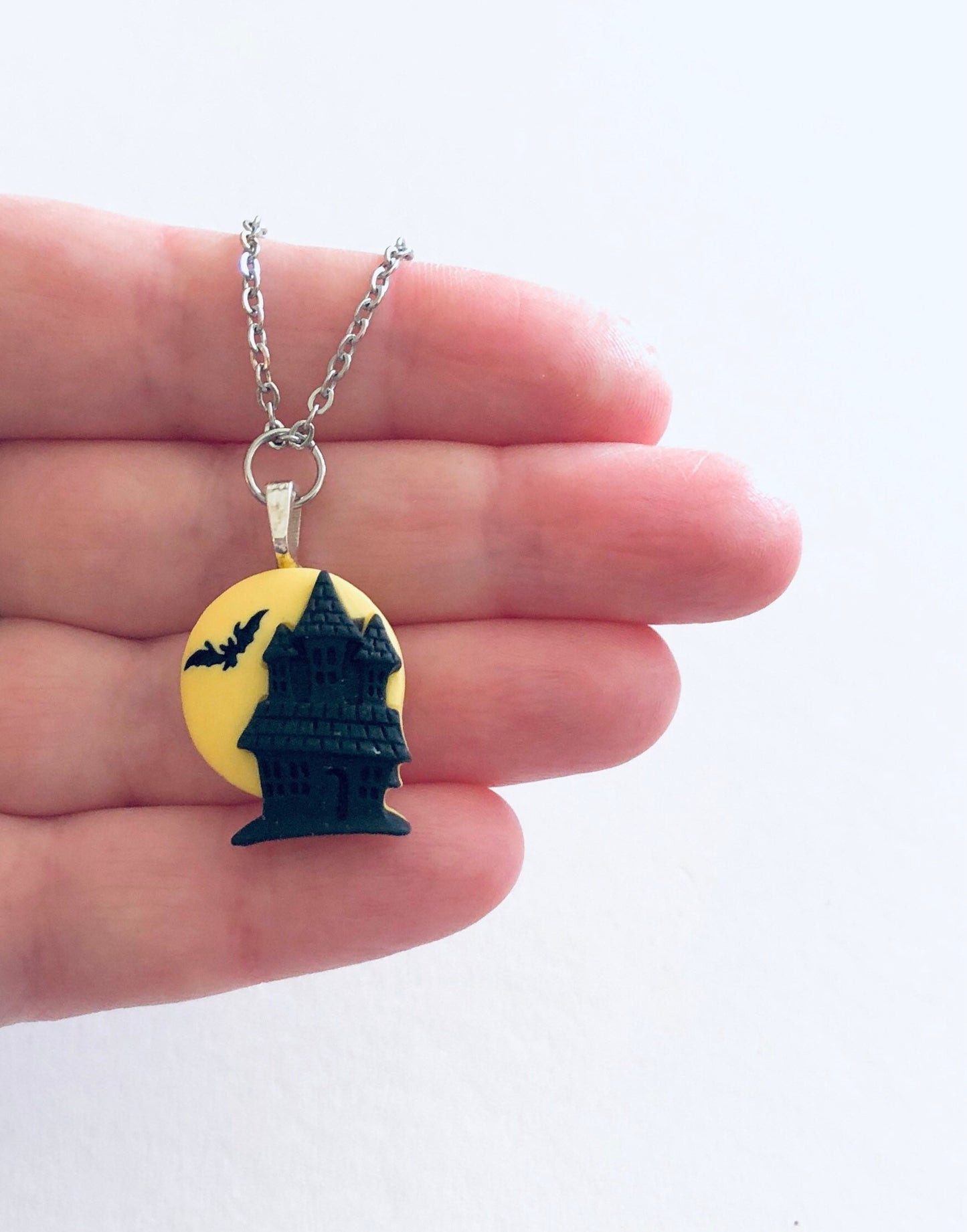 Yellow Moon Haunted House Necklace with Bat, Spooky Vampire Dracula’s Castle Necklace Goth Witchy