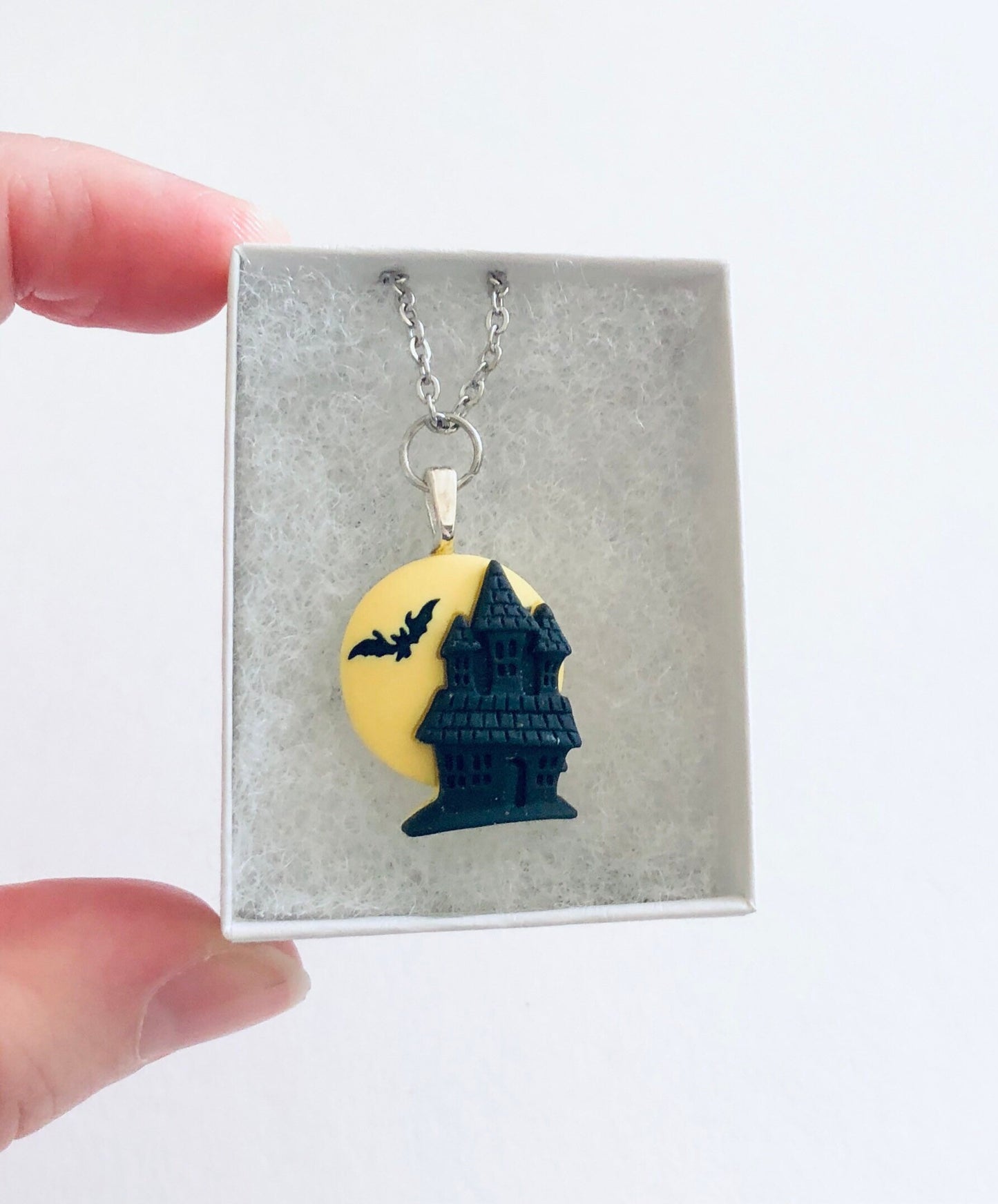 Yellow Moon Haunted House Necklace with Bat, Spooky Vampire Dracula’s Castle Necklace Goth Witchy