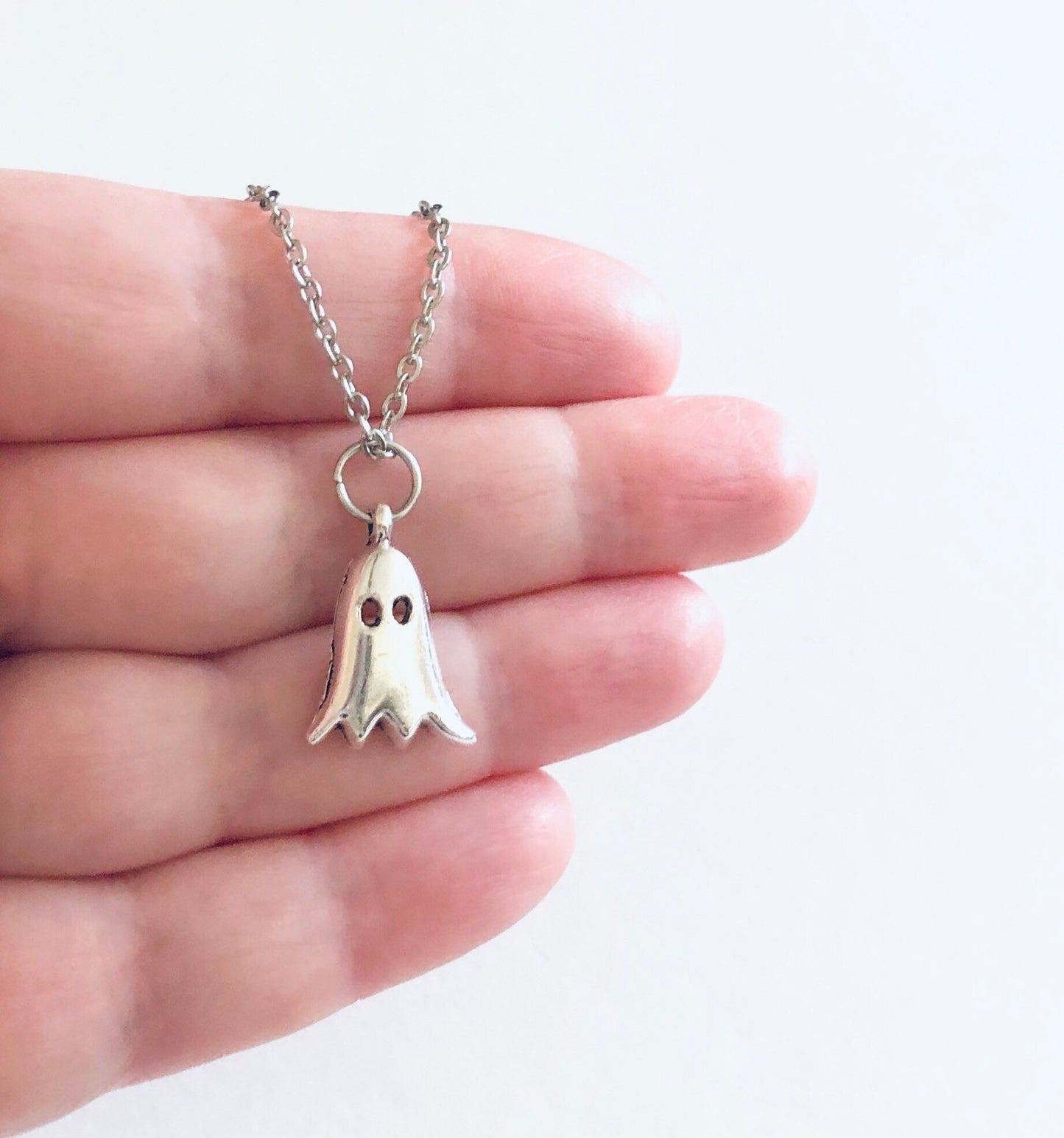 Little Silver Ghost Necklace, Ghostly Ghoul on Dainty Silver Stainless Steel Chain, Halloween Necklace