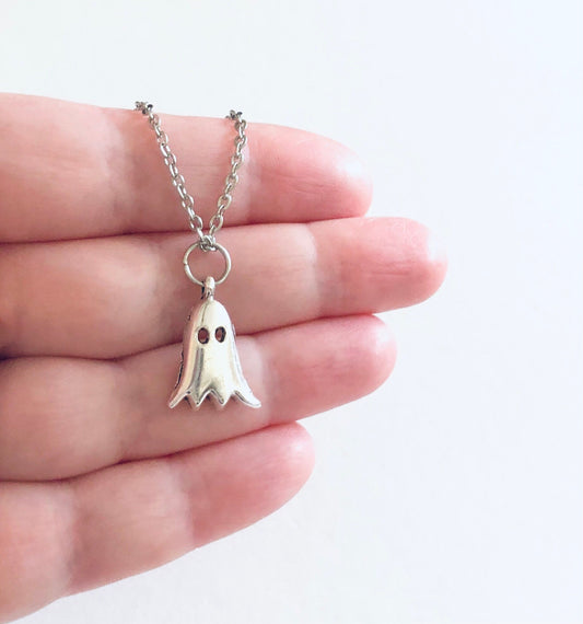 Little Silver Ghost Necklace, Ghostly Ghoul on Dainty Silver Stainless Steel Chain, Halloween Necklace