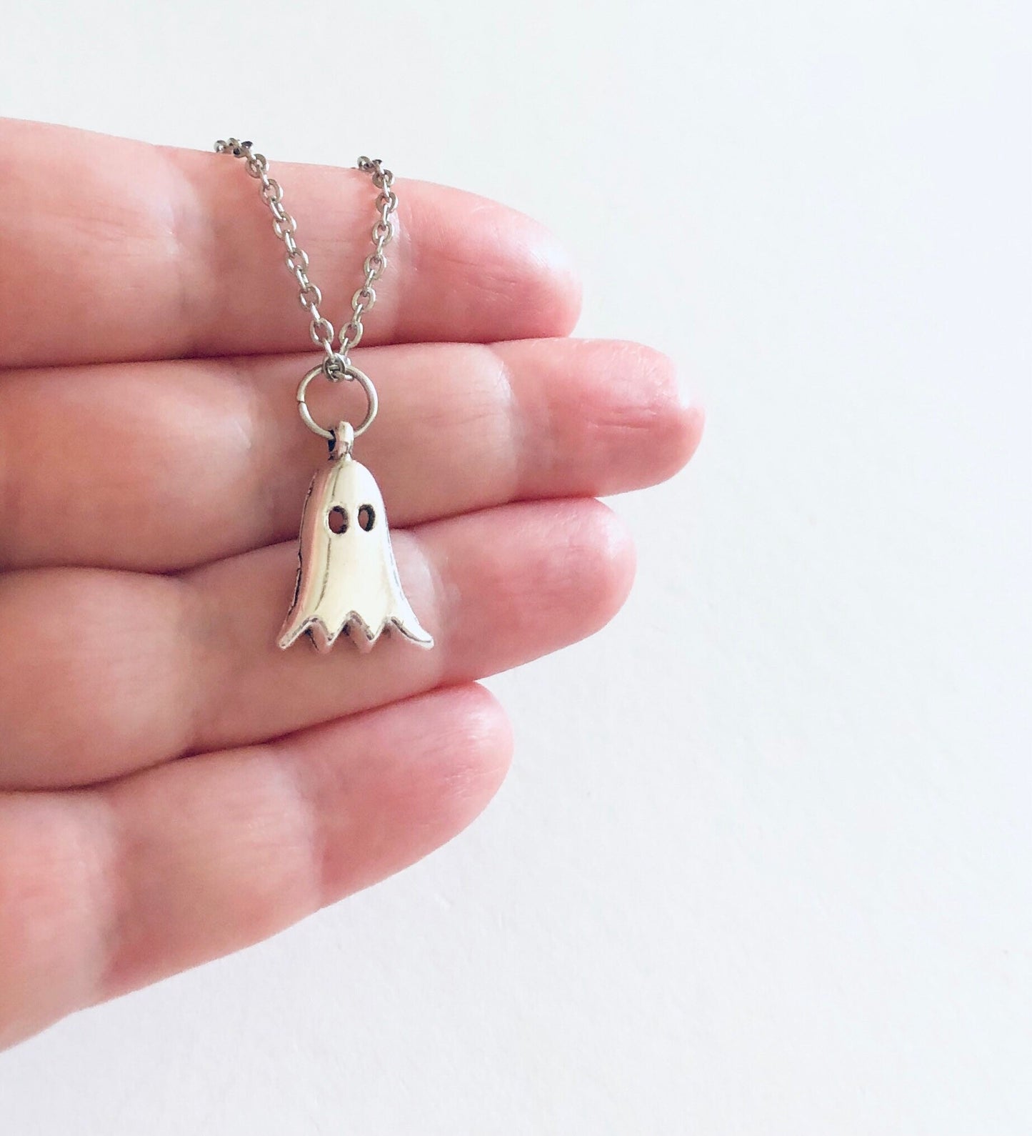 Little Silver Ghost Necklace, Ghostly Ghoul on Dainty Silver Stainless Steel Chain, Halloween Necklace