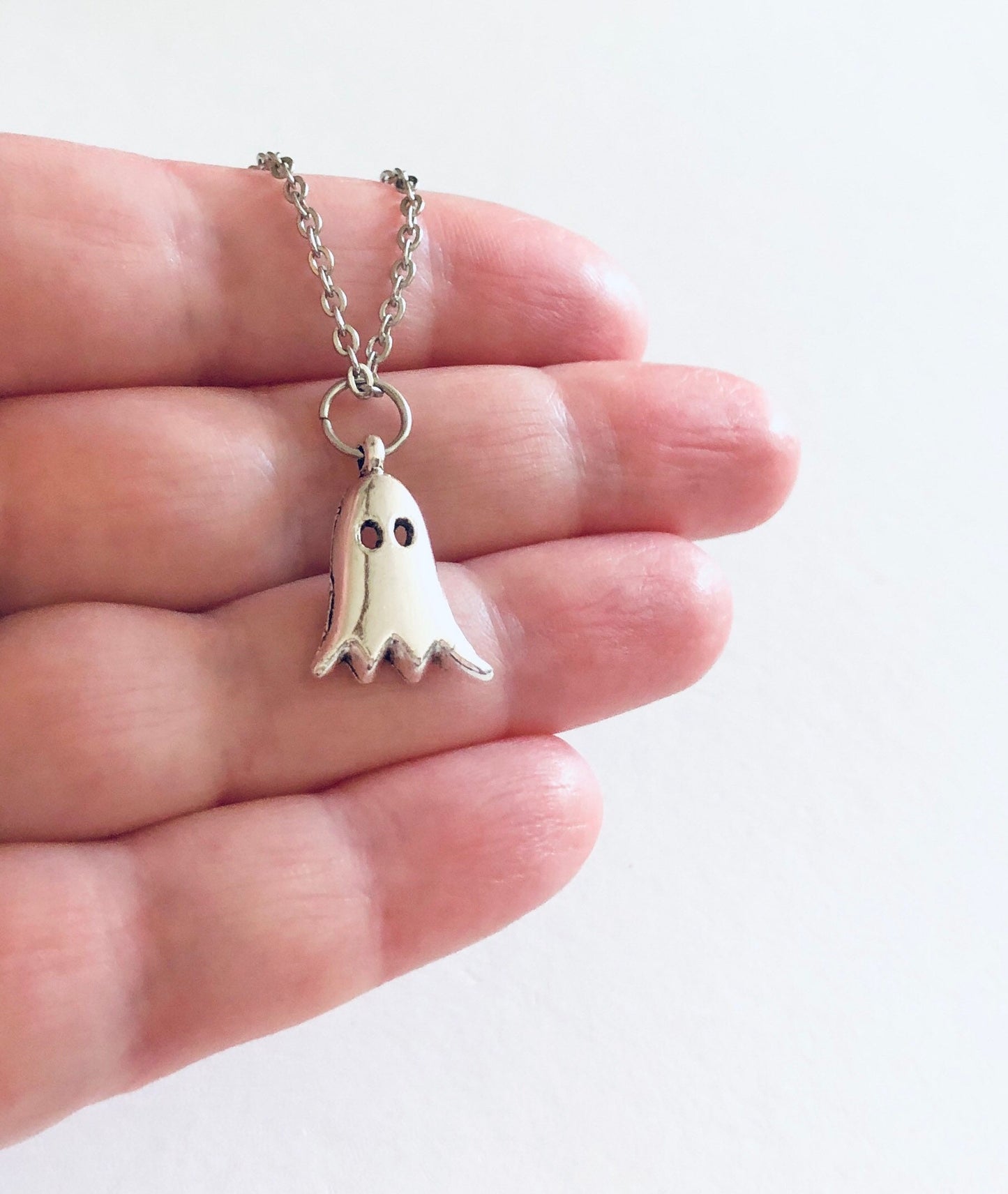 Little Silver Ghost Necklace, Ghostly Ghoul on Dainty Silver Stainless Steel Chain, Halloween Necklace