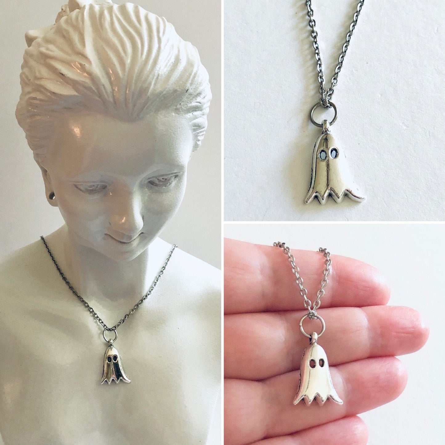 Little Silver Ghost Necklace, Ghostly Ghoul on Dainty Silver Stainless Steel Chain, Halloween Necklace