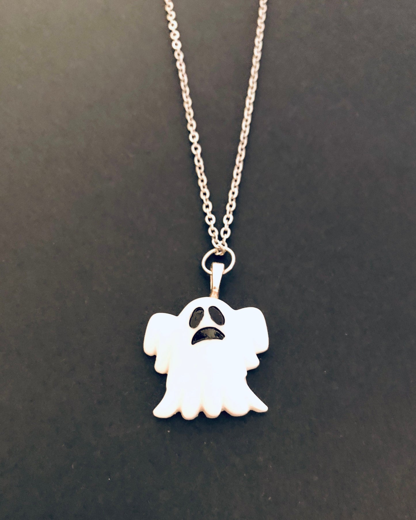 Resin Ghost Necklace, Boo Ghost Ghoul Necklace, Cute White Resin Ghoul Necklace on Dainty Stainless Steel Chain, Halloween Mall Goth