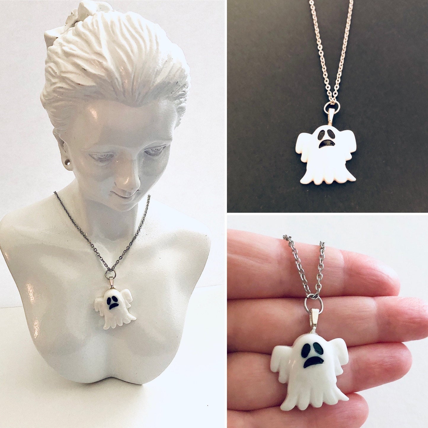 Resin Ghost Necklace, Boo Ghost Ghoul Necklace, Cute White Resin Ghoul Necklace on Dainty Stainless Steel Chain, Halloween Mall Goth