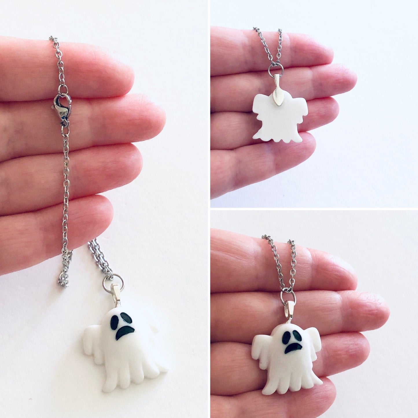 Resin Ghost Necklace, Boo Ghost Ghoul Necklace, Cute White Resin Ghoul Necklace on Dainty Stainless Steel Chain, Halloween Mall Goth