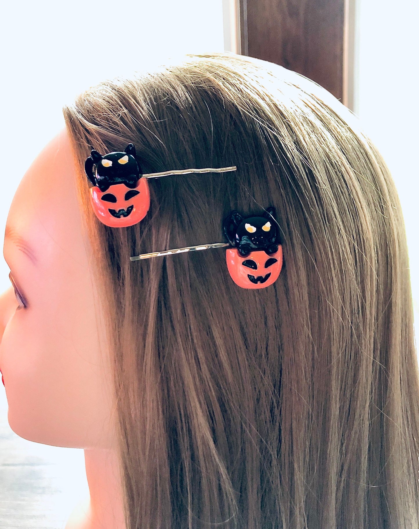 Set of 2 Black Cat Pumpkin Hair Clips Bobby Pins, Halloween Hair Clips