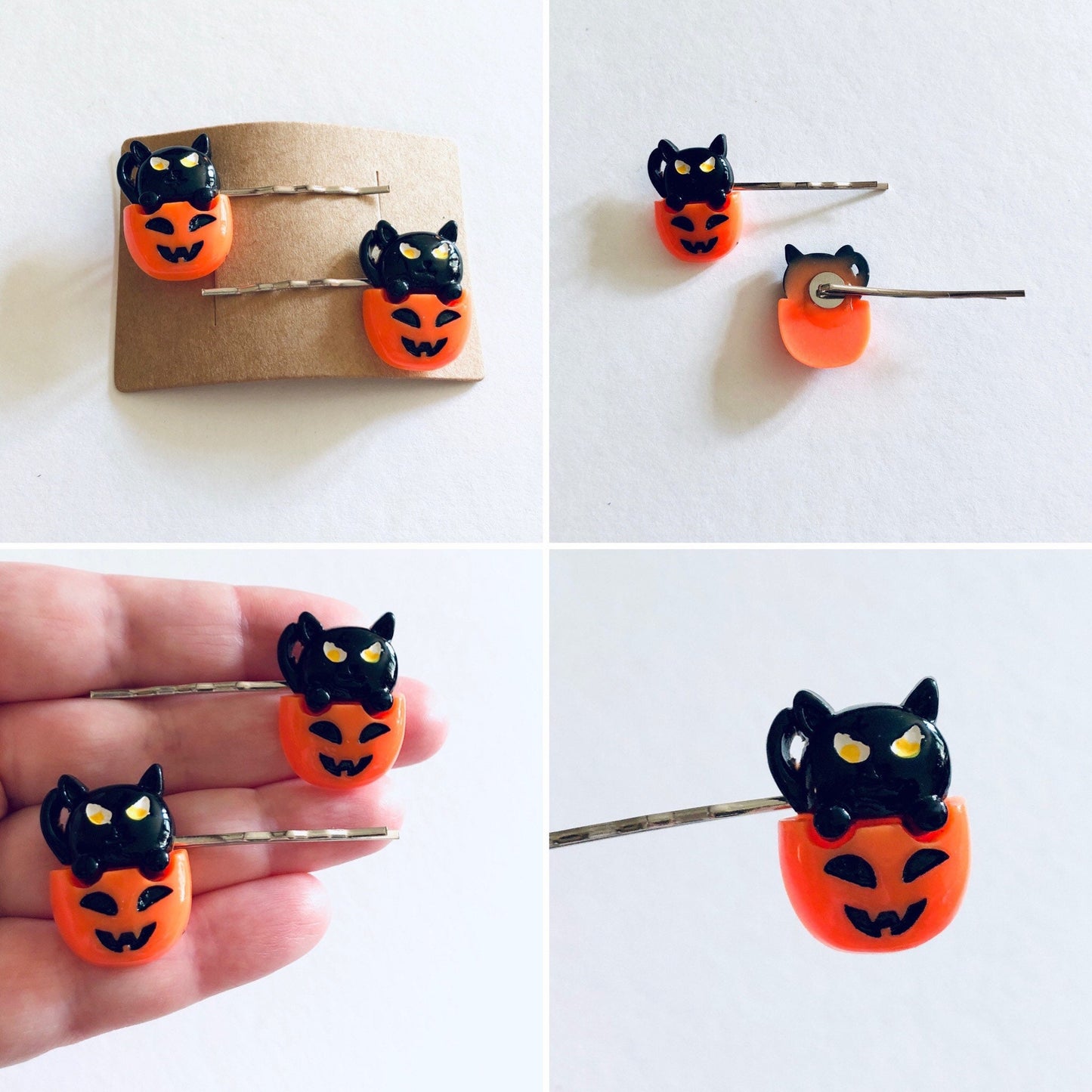 Set of 2 Black Cat Pumpkin Hair Clips Bobby Pins, Halloween Hair Clips