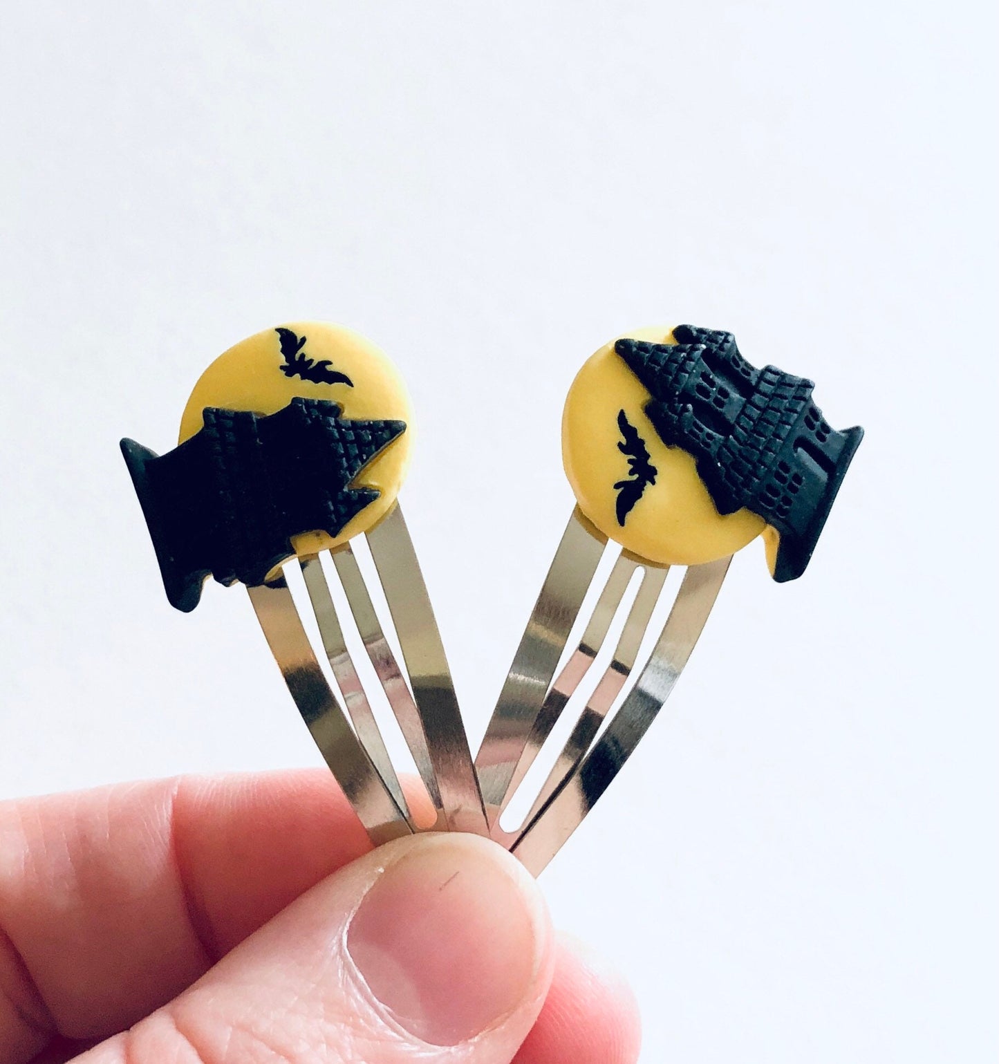 Haunted House Hair Clips Set of 2, Halloween Hair Clips, Vampire Castle Yellow Moon Black Bat. Halloween costume