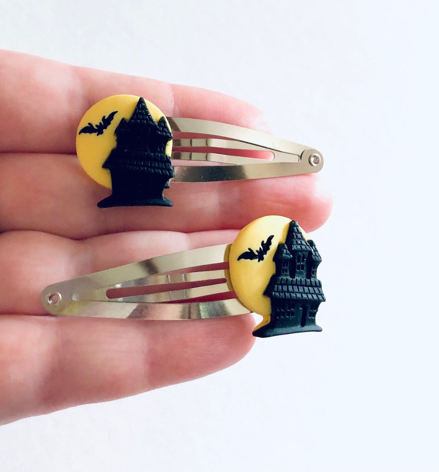 Haunted House Hair Clips Set of 2, Halloween Hair Clips, Vampire Castle Yellow Moon Black Bat. Halloween costume