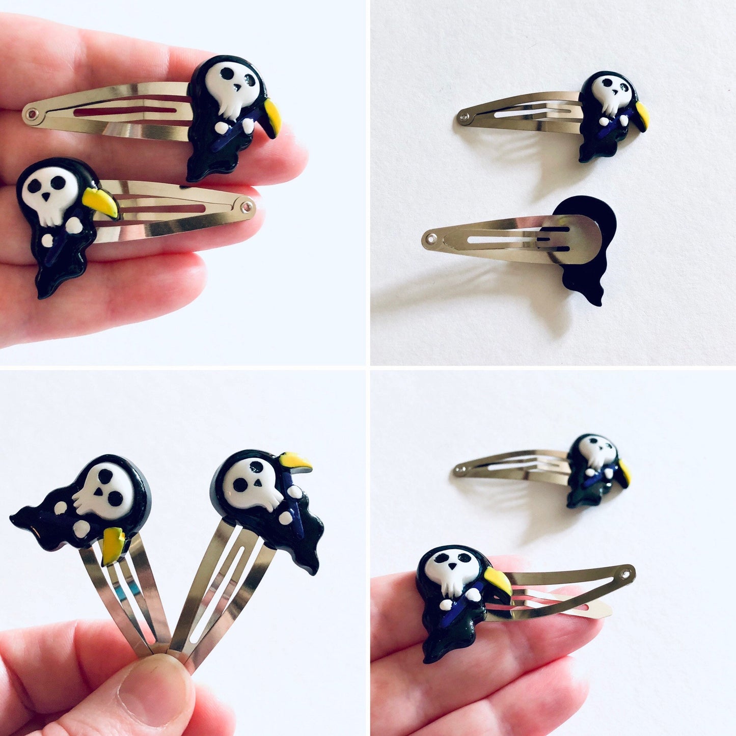 The Grim Reaper Hair Clips Set Of 2, Snap Clips, Goth Girl Skeleton Halloween Hair Clips