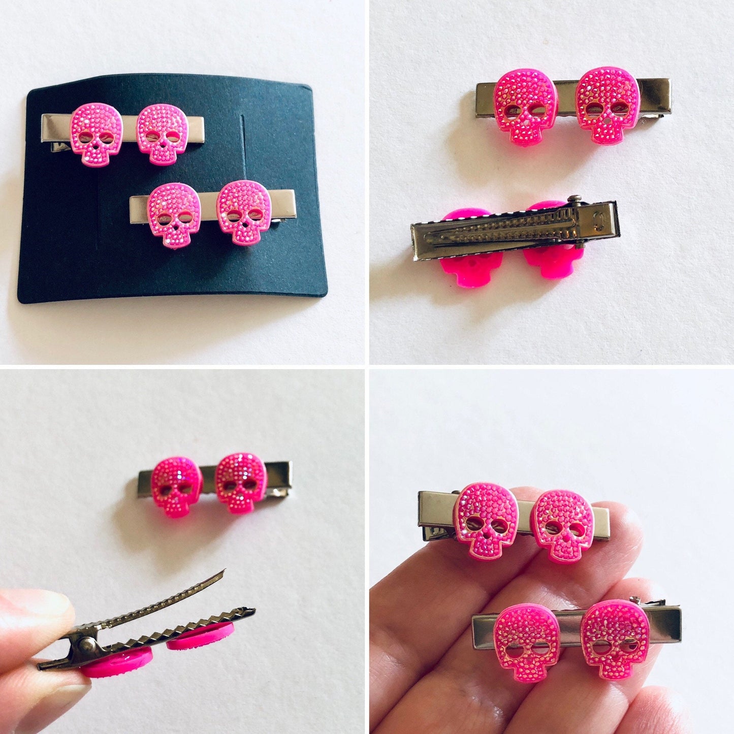 Mini Glitter Pink Sugar Skulls Hair Clips, Set of 2, Skeleton Alligator Clips, Barrettes Cute Spooky Season Halloween