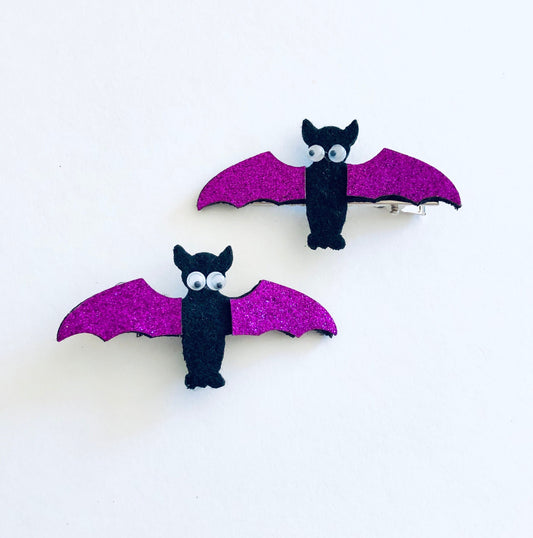 Googley Eyes Glitter Purple Bat Wings Hair Clips, Felt Bats Halloween Hair Clips, Cute Gothic Girl