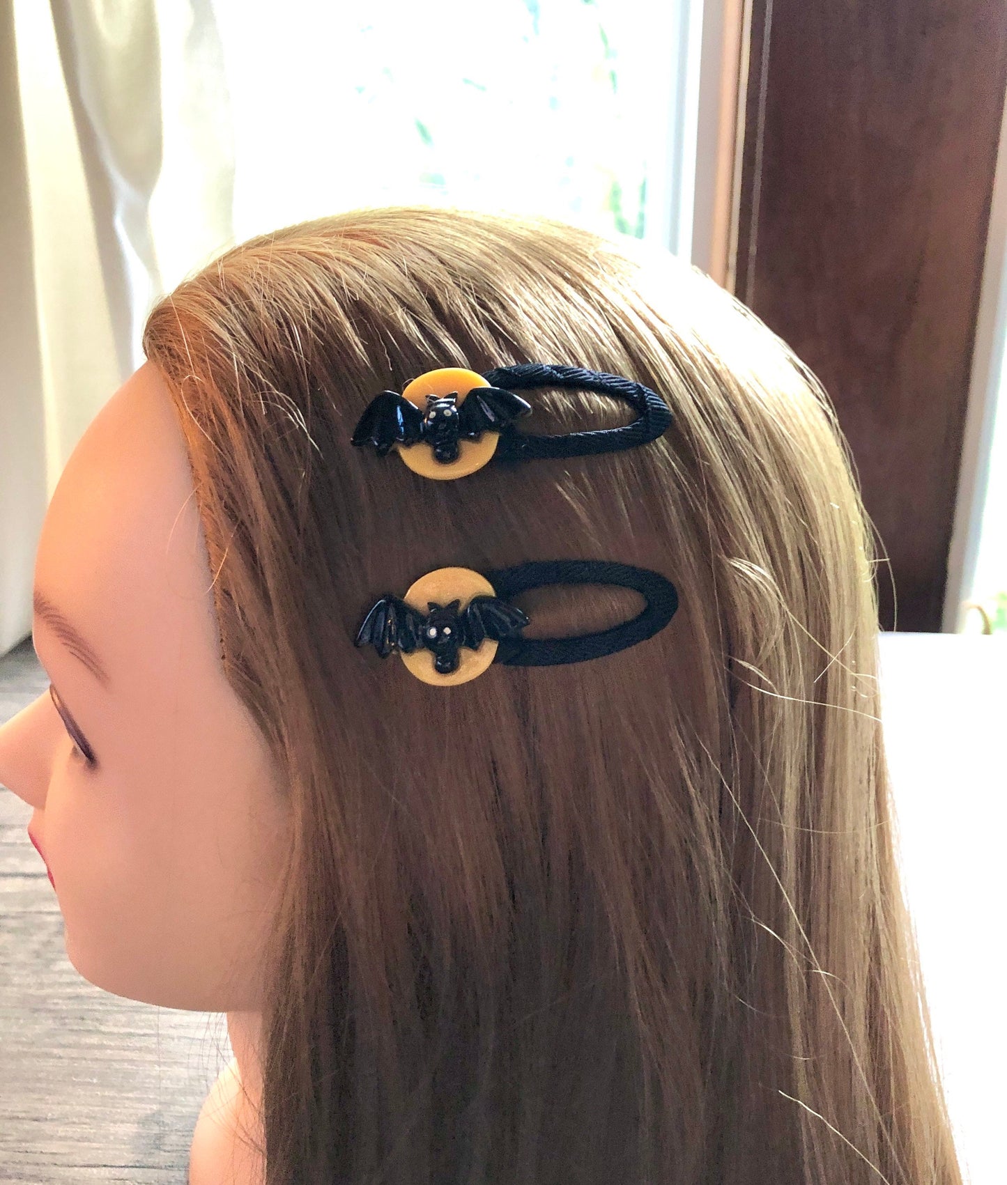 Yellow Moon Resin Bat Charm Hair Clips, Ribbon Wrapped Goth Halloween Hair Clips