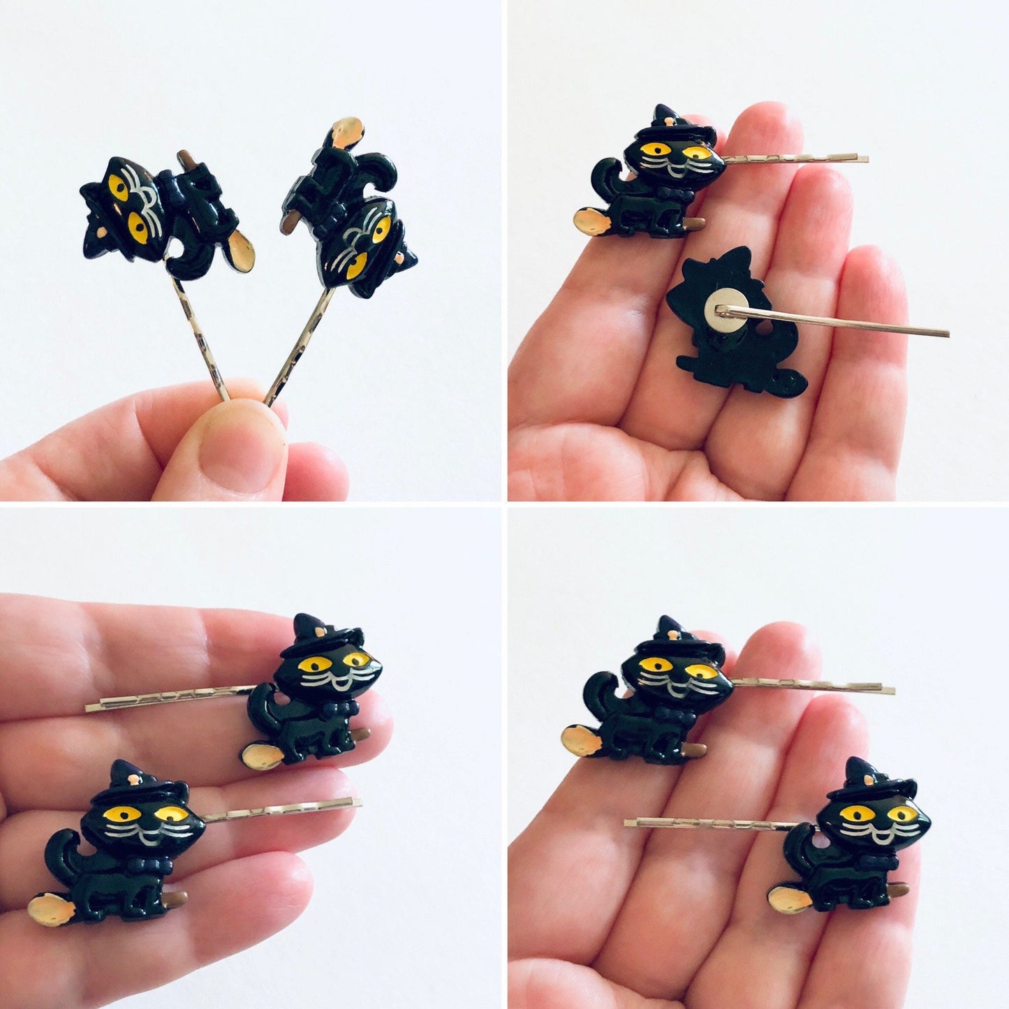 Halloween Black Cat on a Broomstick Bobby Pins with Witches Hat on, Wicca Halloween Hair Clips, Witchy Woman Cats