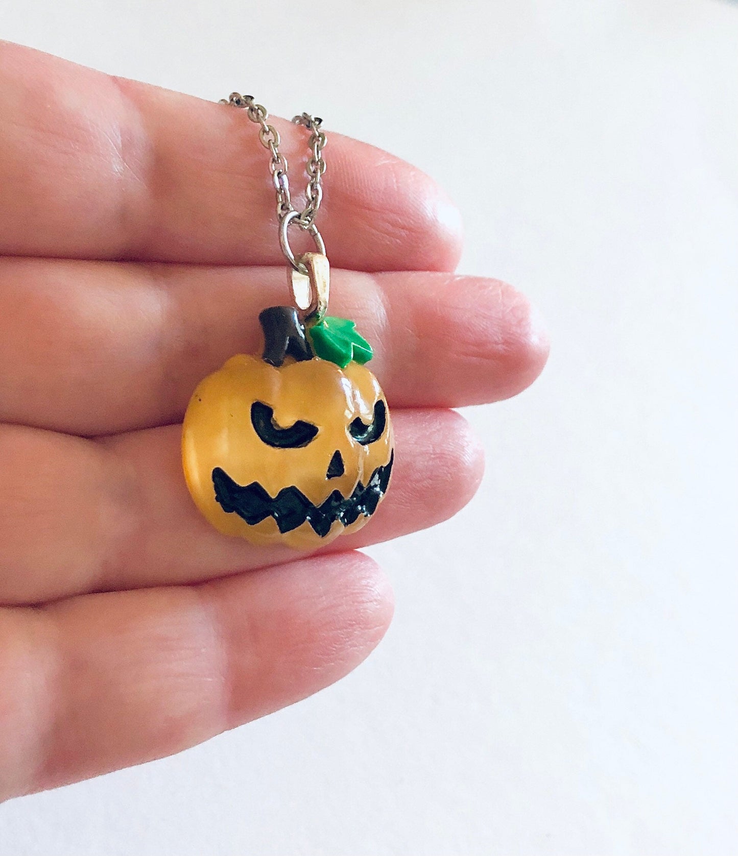 Spooky Pumpkin Necklace, Jack O' Lantern Necklace, Scary Face Orange Pumpkin Halloween Necklace, Silver Stainless Steel