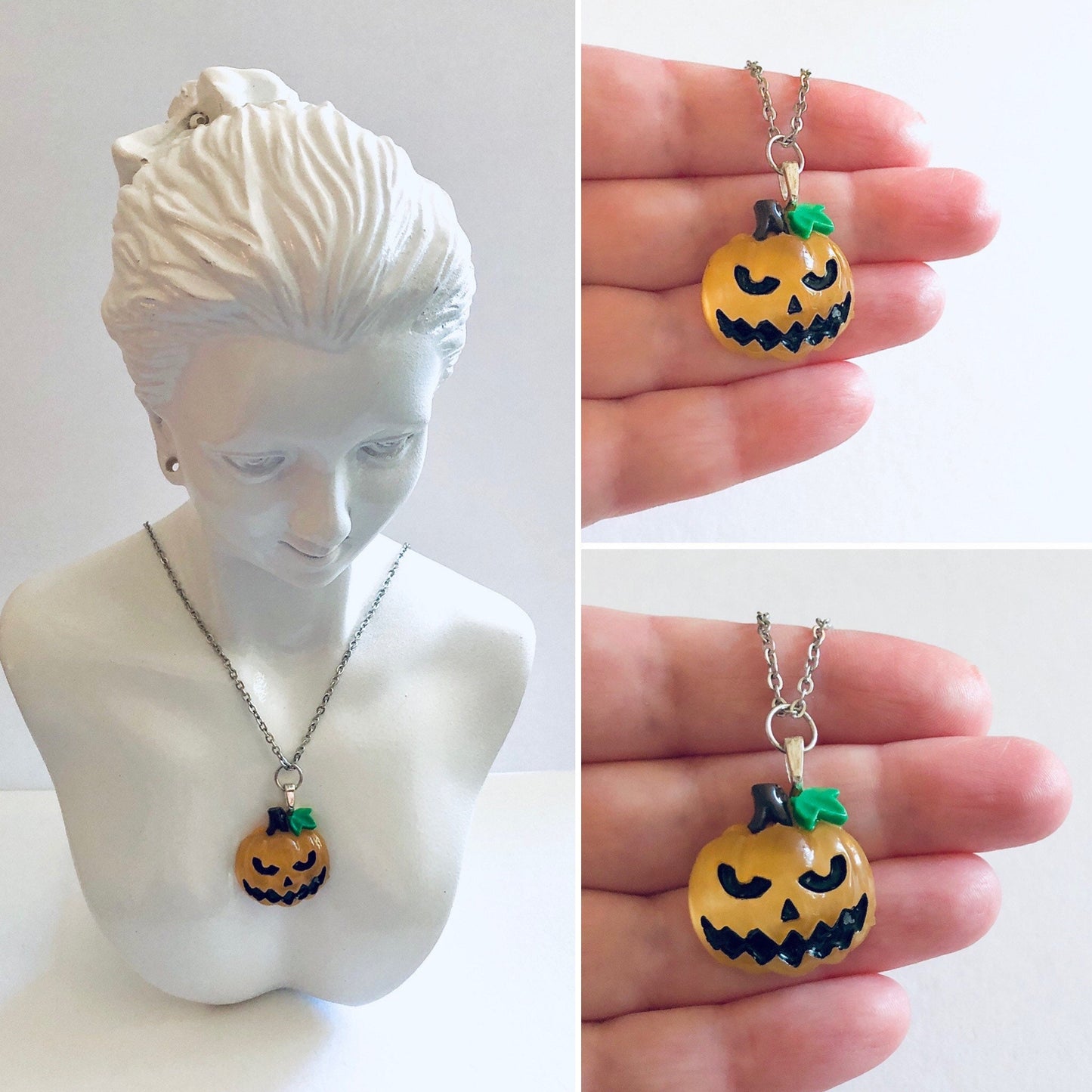 Spooky Pumpkin Necklace, Jack O' Lantern Necklace, Scary Face Orange Pumpkin Halloween Necklace, Silver Stainless Steel