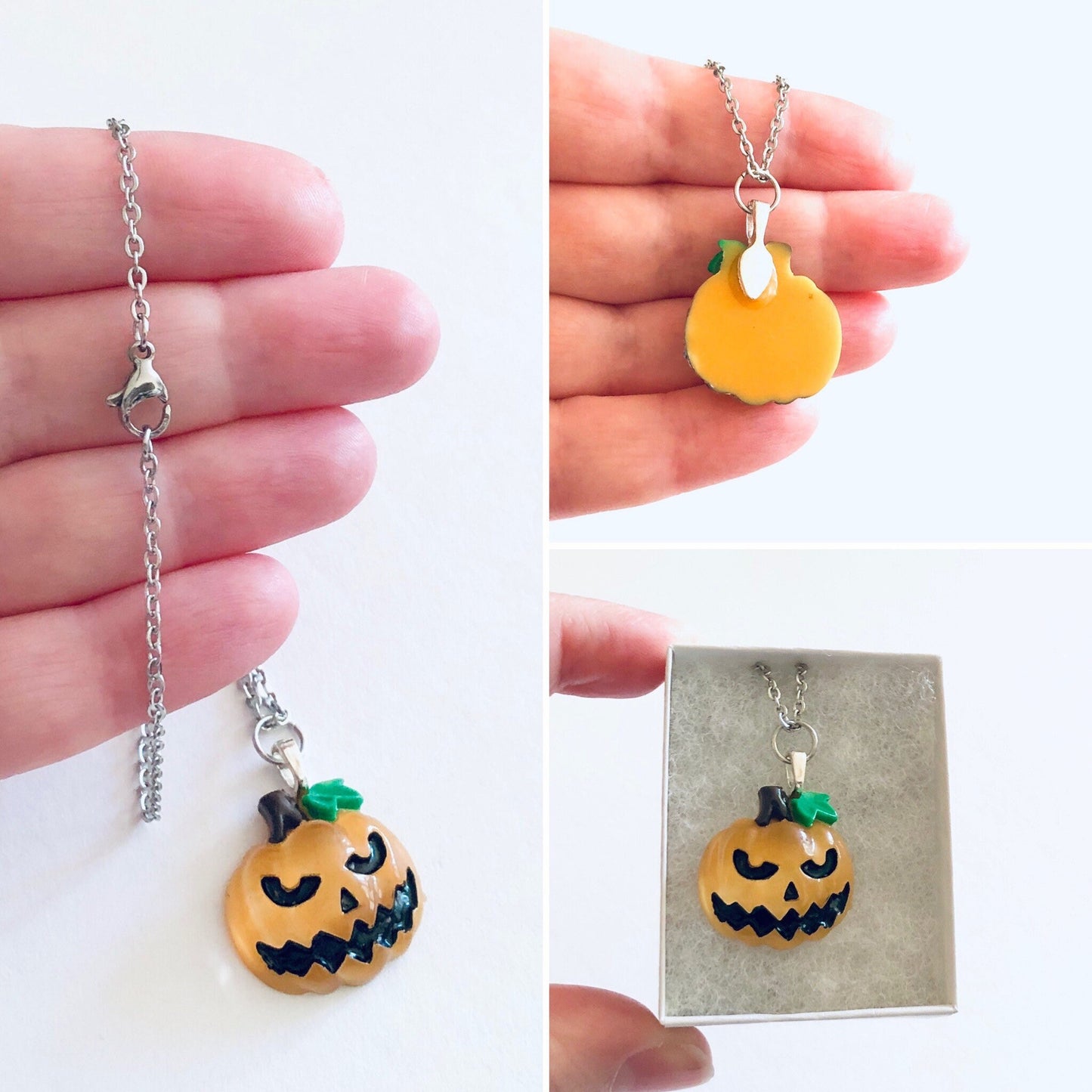 Spooky Pumpkin Necklace, Jack O' Lantern Necklace, Scary Face Orange Pumpkin Halloween Necklace, Silver Stainless Steel