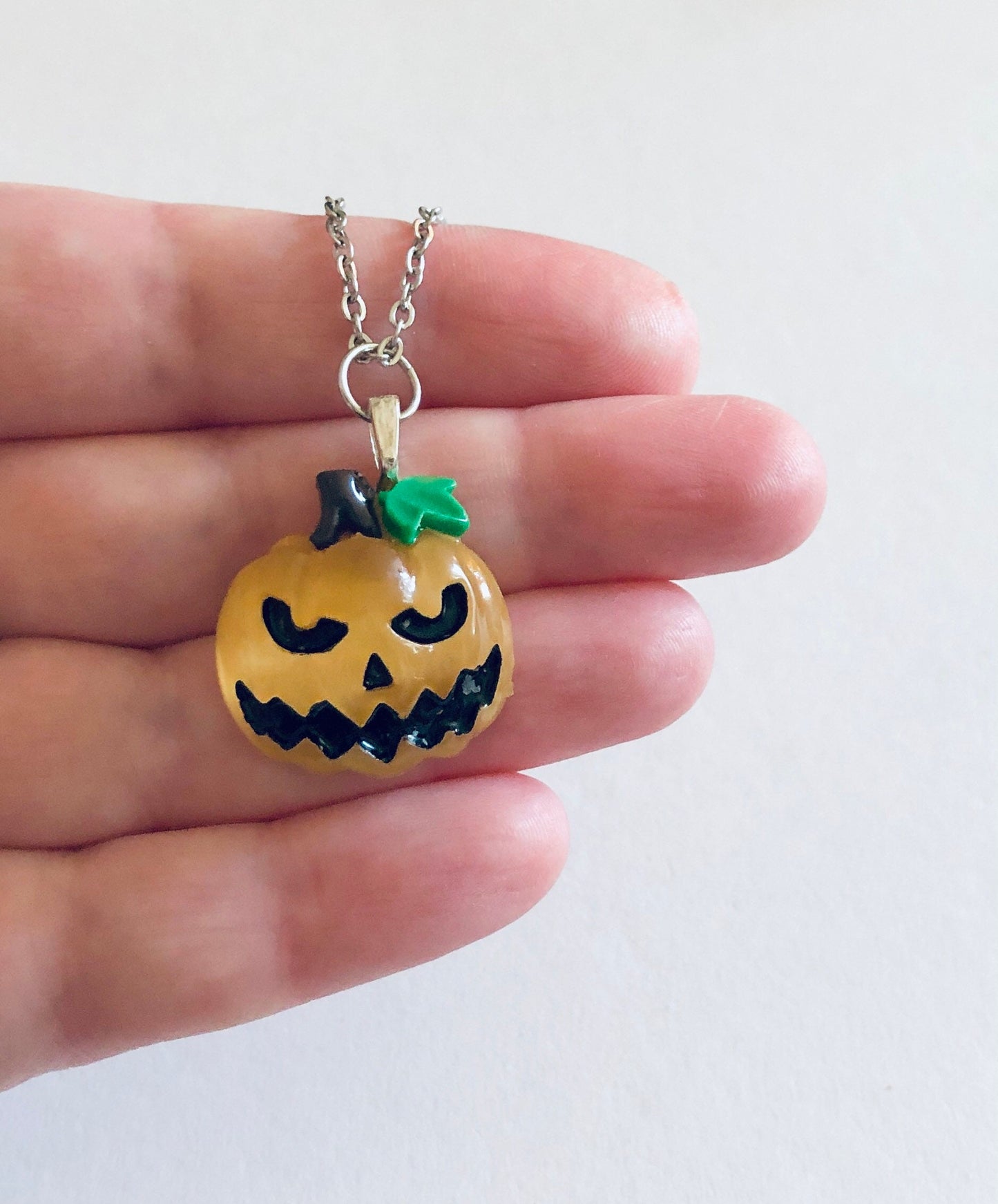 Spooky Pumpkin Necklace, Jack O' Lantern Necklace, Scary Face Orange Pumpkin Halloween Necklace, Silver Stainless Steel