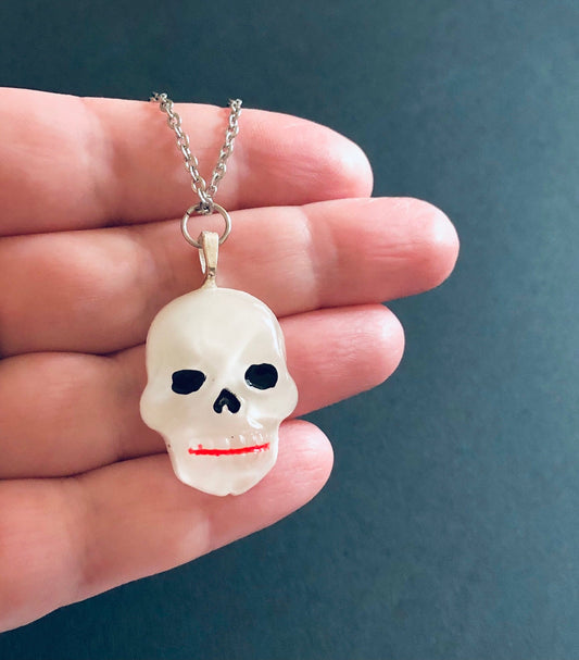 Transparent Resin Skull Necklace, Silver Skeleton Halloween Jewelry Spooky Cute Goth