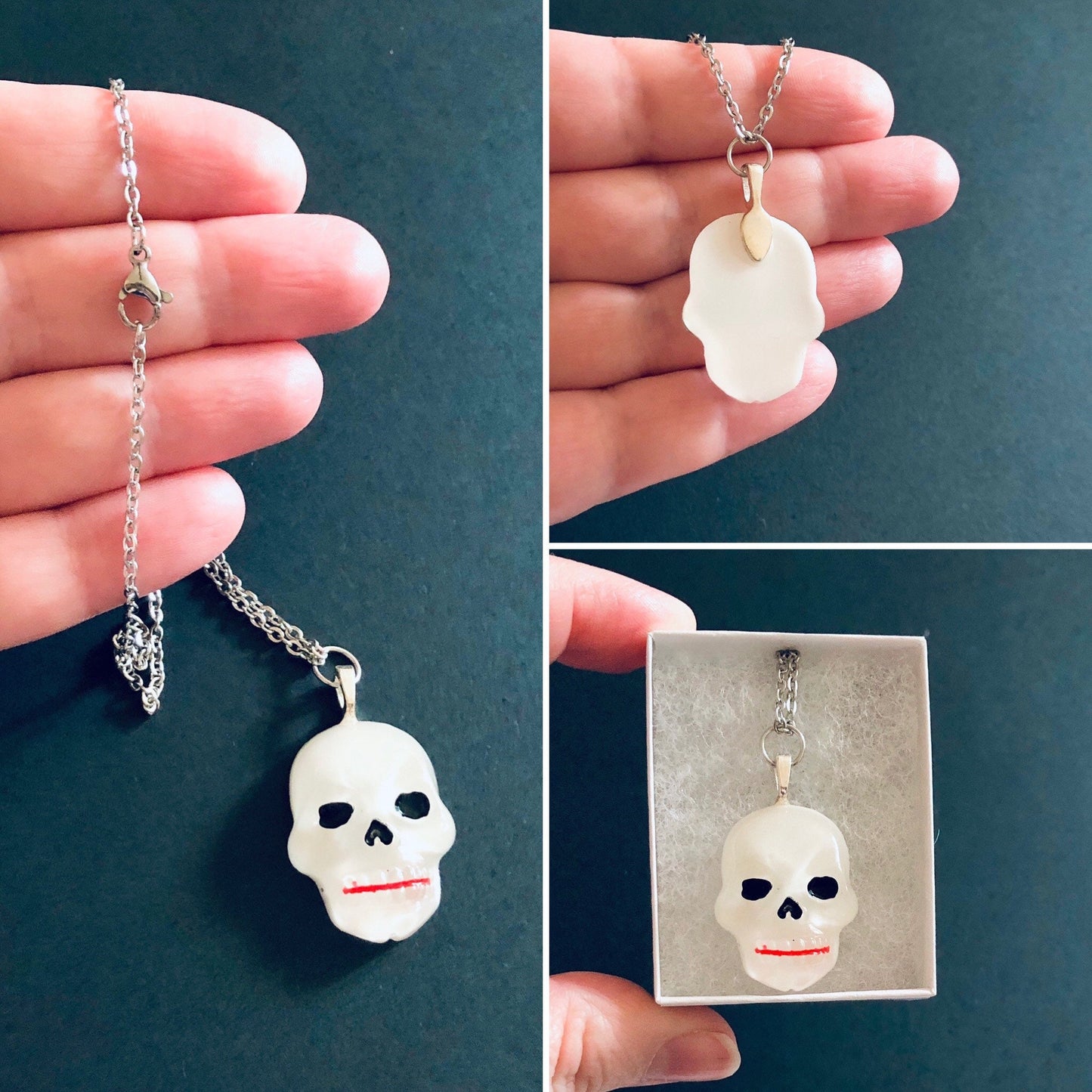 Transparent Resin Skull Necklace, Silver Skeleton Halloween Jewelry Spooky Cute Goth