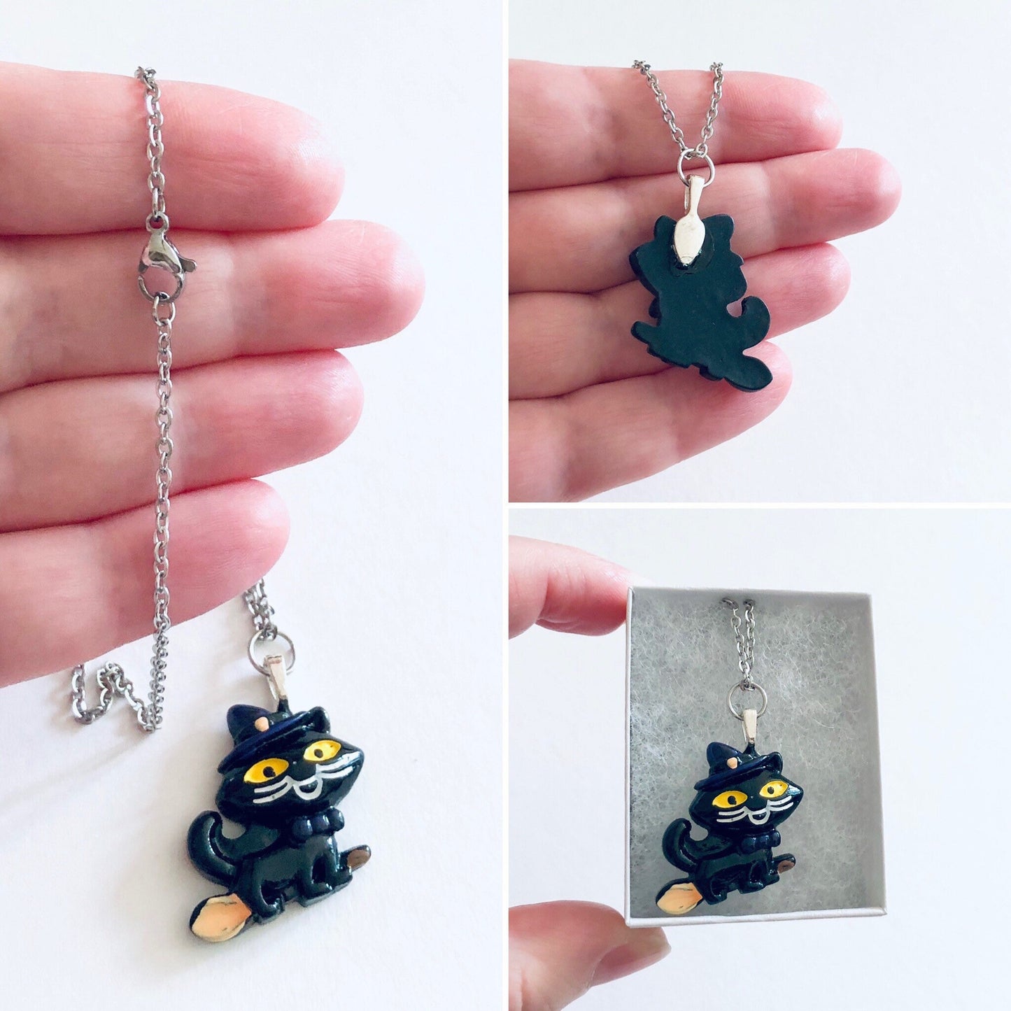 Witches Black Cat on a Witches Broomstick Necklace, Halloween Necklace, Cat Necklace, Silver Chain