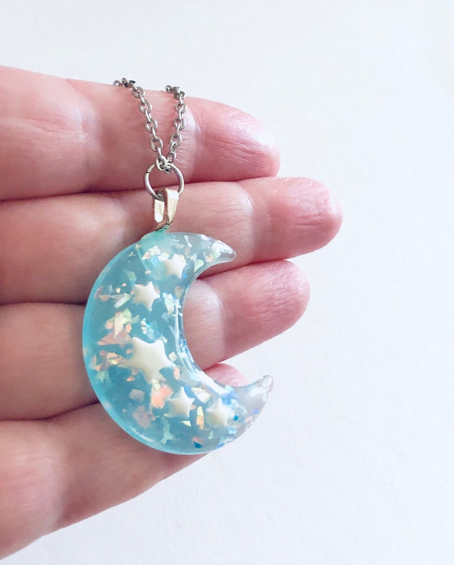 Sparkle Blue Crescent Moon Necklace, Resin Glitter Celestial Necklace, Pastel Goth