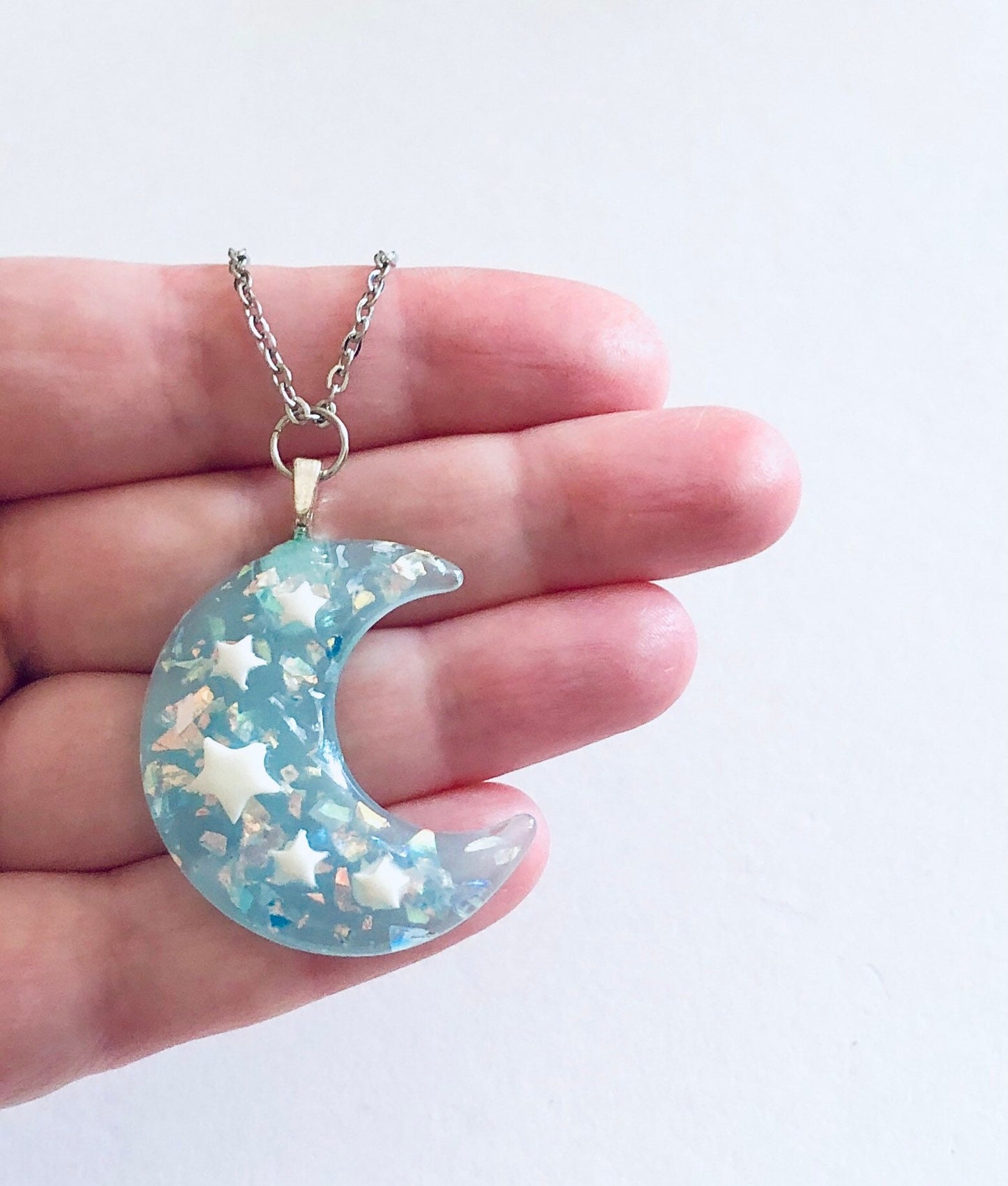 Sparkle Blue Crescent Moon Necklace, Resin Glitter Celestial Necklace, Pastel Goth