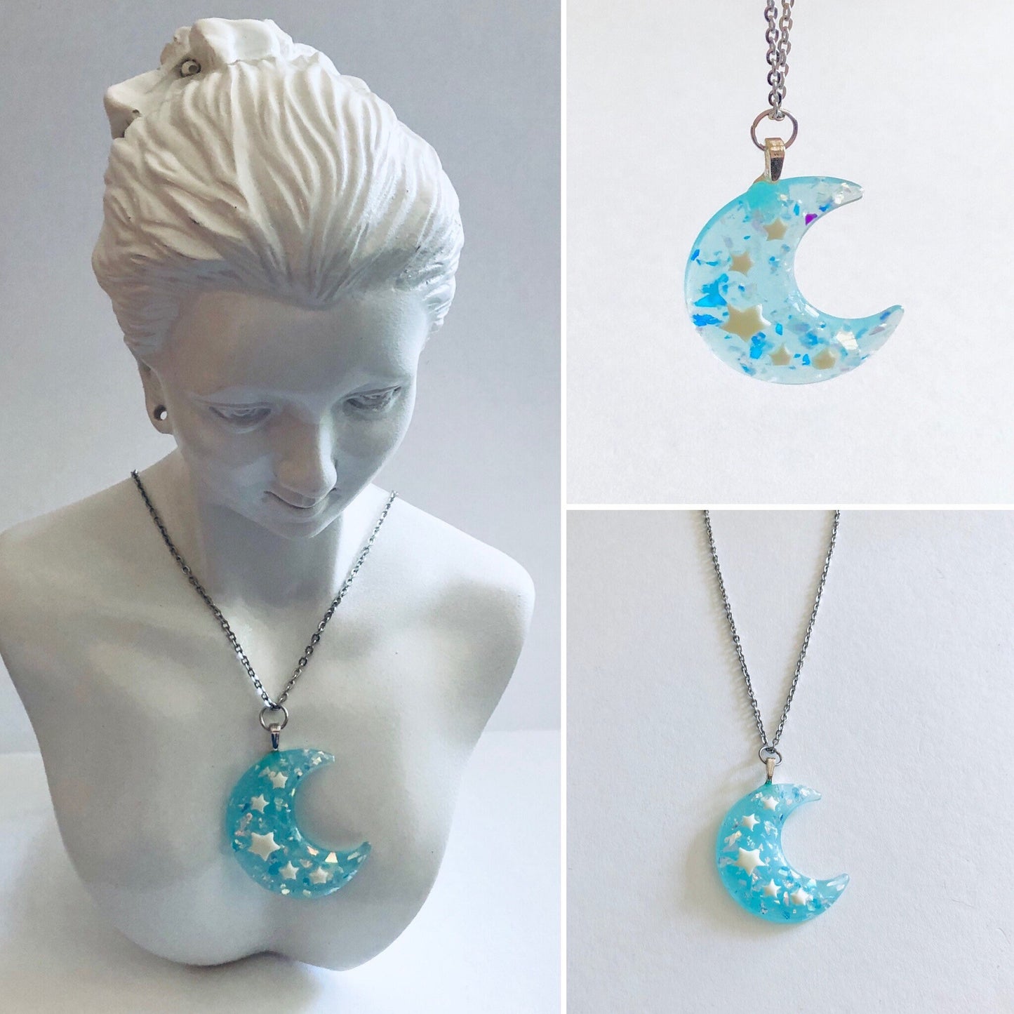 Sparkle Blue Crescent Moon Necklace, Resin Glitter Celestial Necklace, Pastel Goth