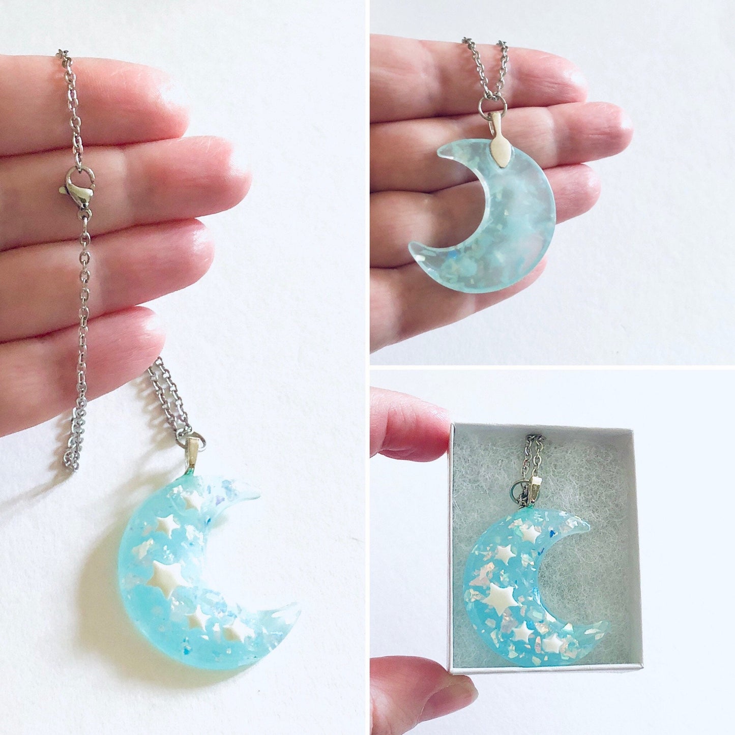 Sparkle Blue Crescent Moon Necklace, Resin Glitter Celestial Necklace, Pastel Goth