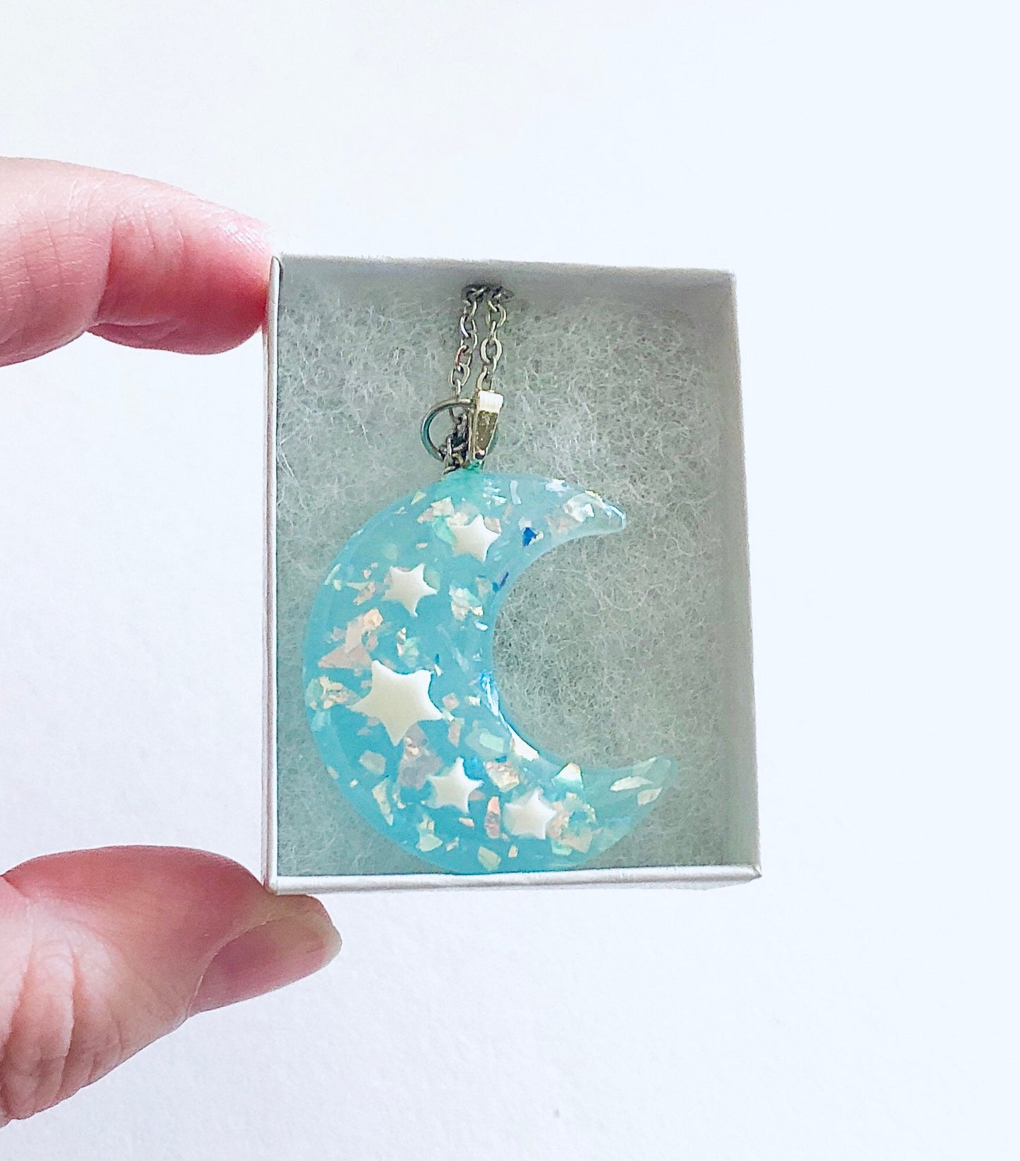 Sparkle Blue Crescent Moon Necklace, Resin Glitter Celestial Necklace, Pastel Goth