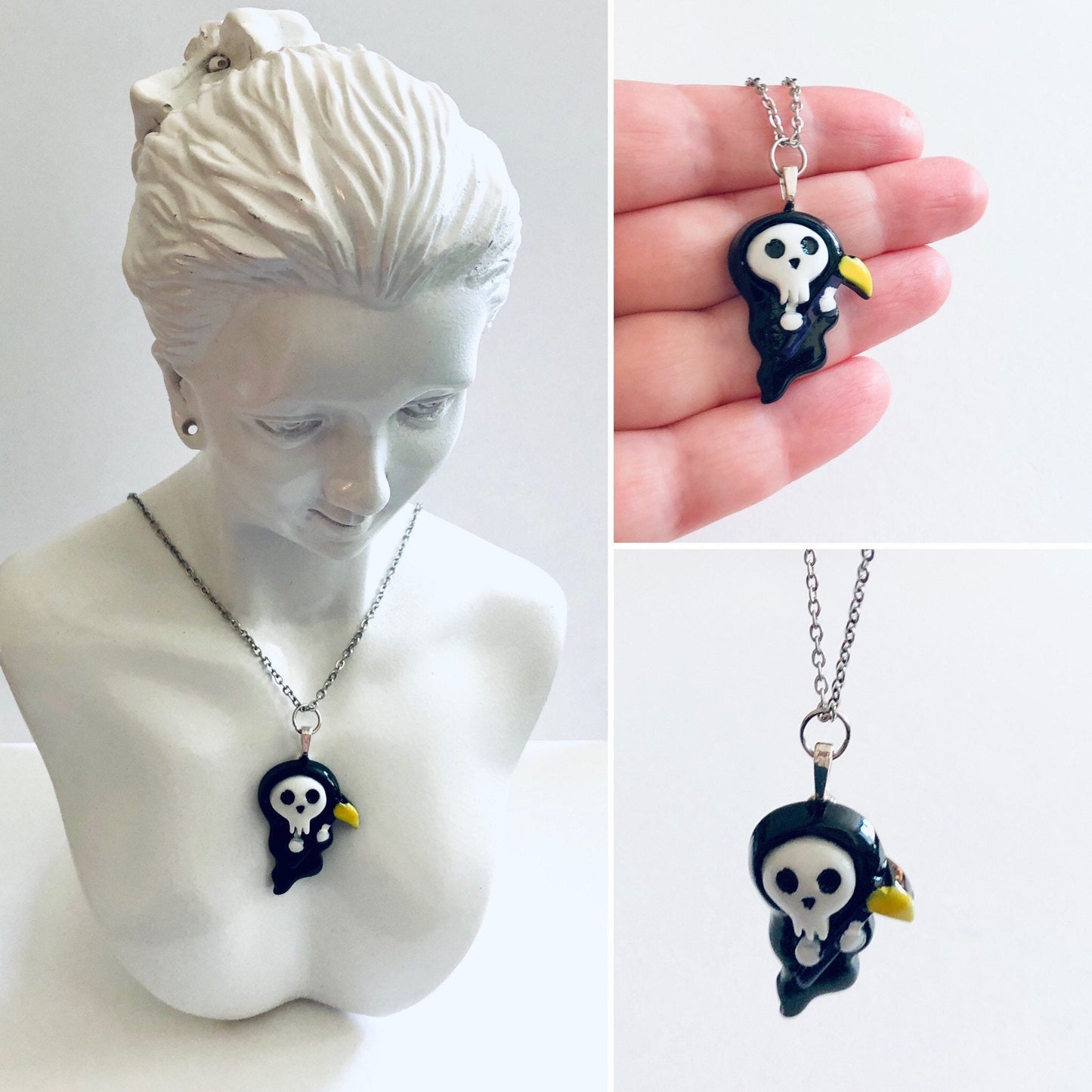 Resin The Grim Reaper Necklace, Cute Spooky Death Skeleton Halloween Jewelry, Mall Goth Girl