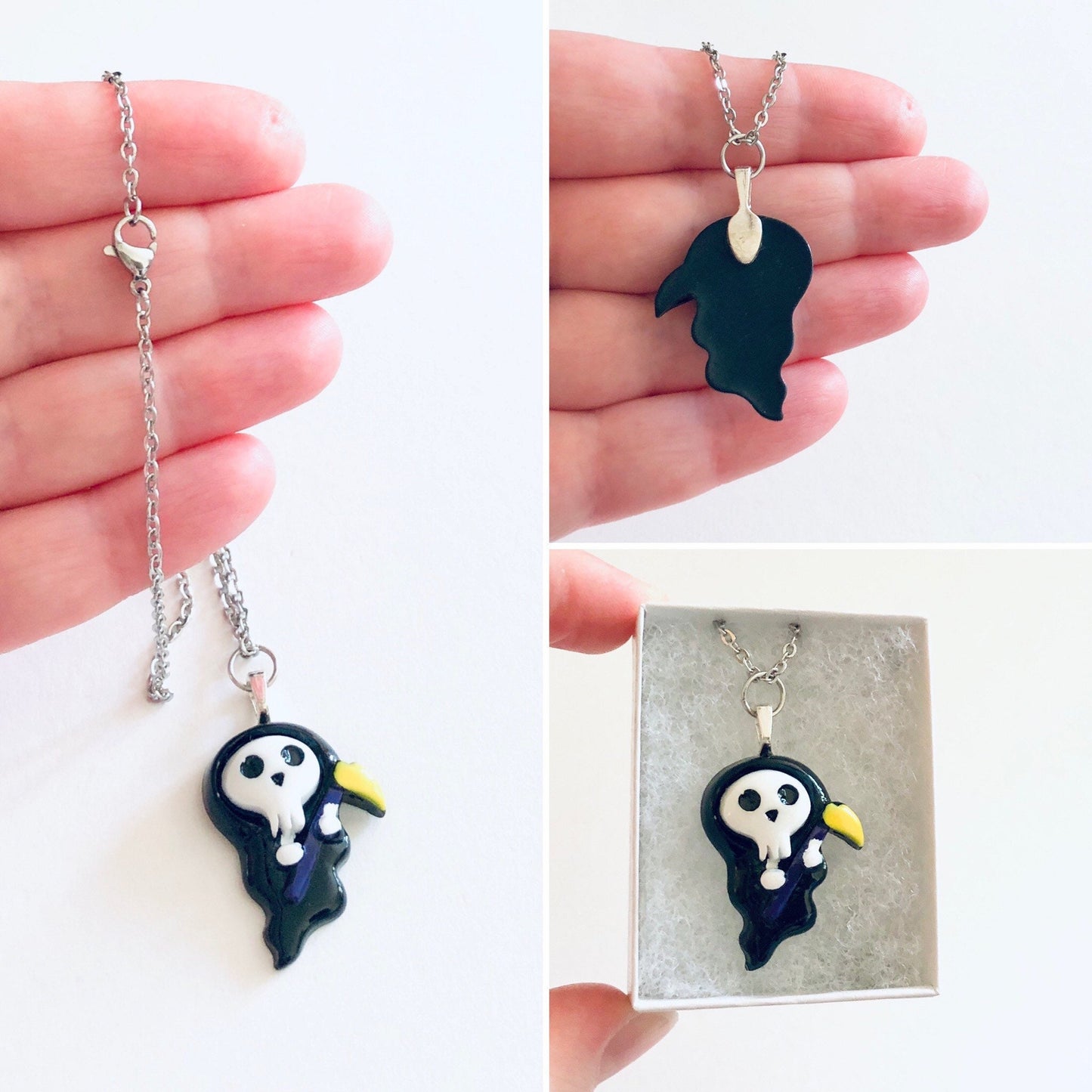 Resin The Grim Reaper Necklace, Cute Spooky Death Skeleton Halloween Jewelry, Mall Goth Girl