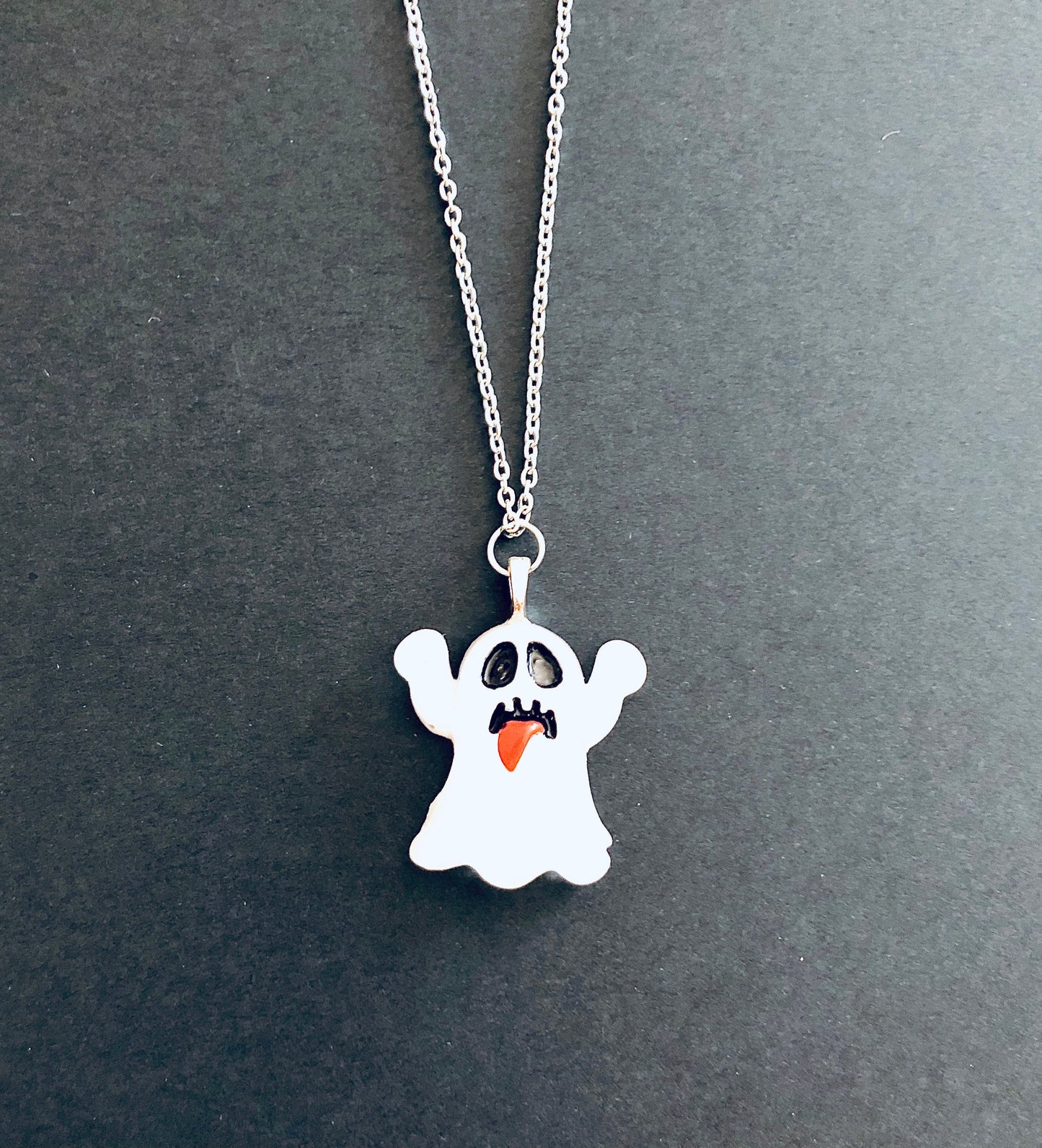 Hands Up Boo Ghost Necklace, Transparent White Resin Ghoul Halloween Necklace, Silver Chain