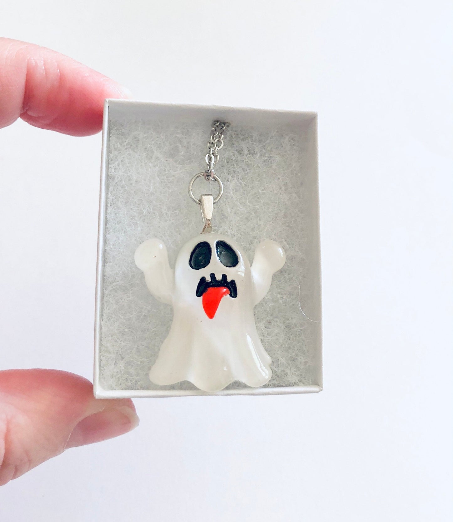 Hands Up Boo Ghost Necklace, Transparent White Resin Ghoul Halloween Necklace, Silver Chain