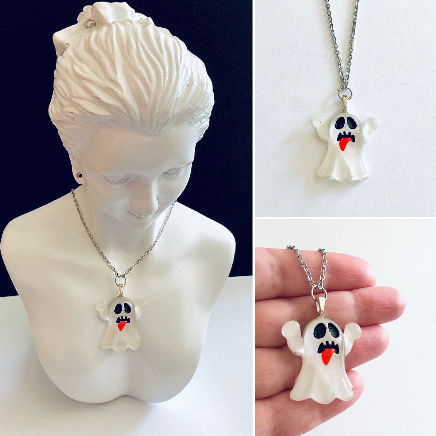 Hands Up Boo Ghost Necklace, Transparent White Resin Ghoul Halloween Necklace, Silver Chain